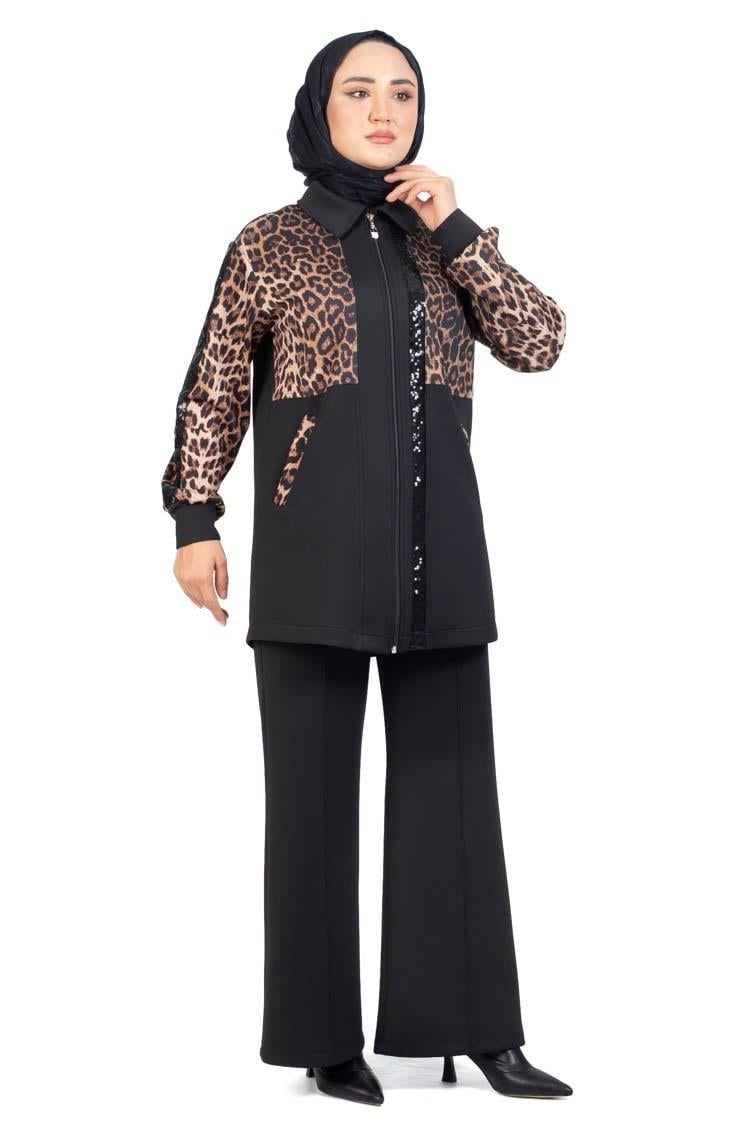 TRİ PEN Leopar Detaylı Pantolonlu Takım 2879 - Siyah  Takım 