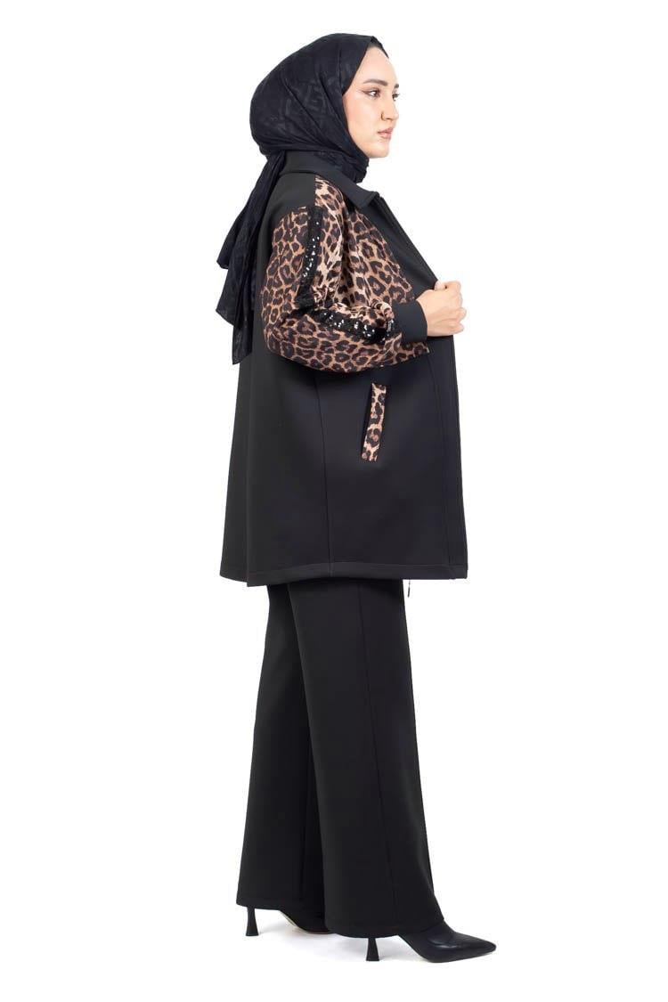 TRİ PEN Leopar Detaylı Pantolonlu Takım 2879 - Siyah  Takım 