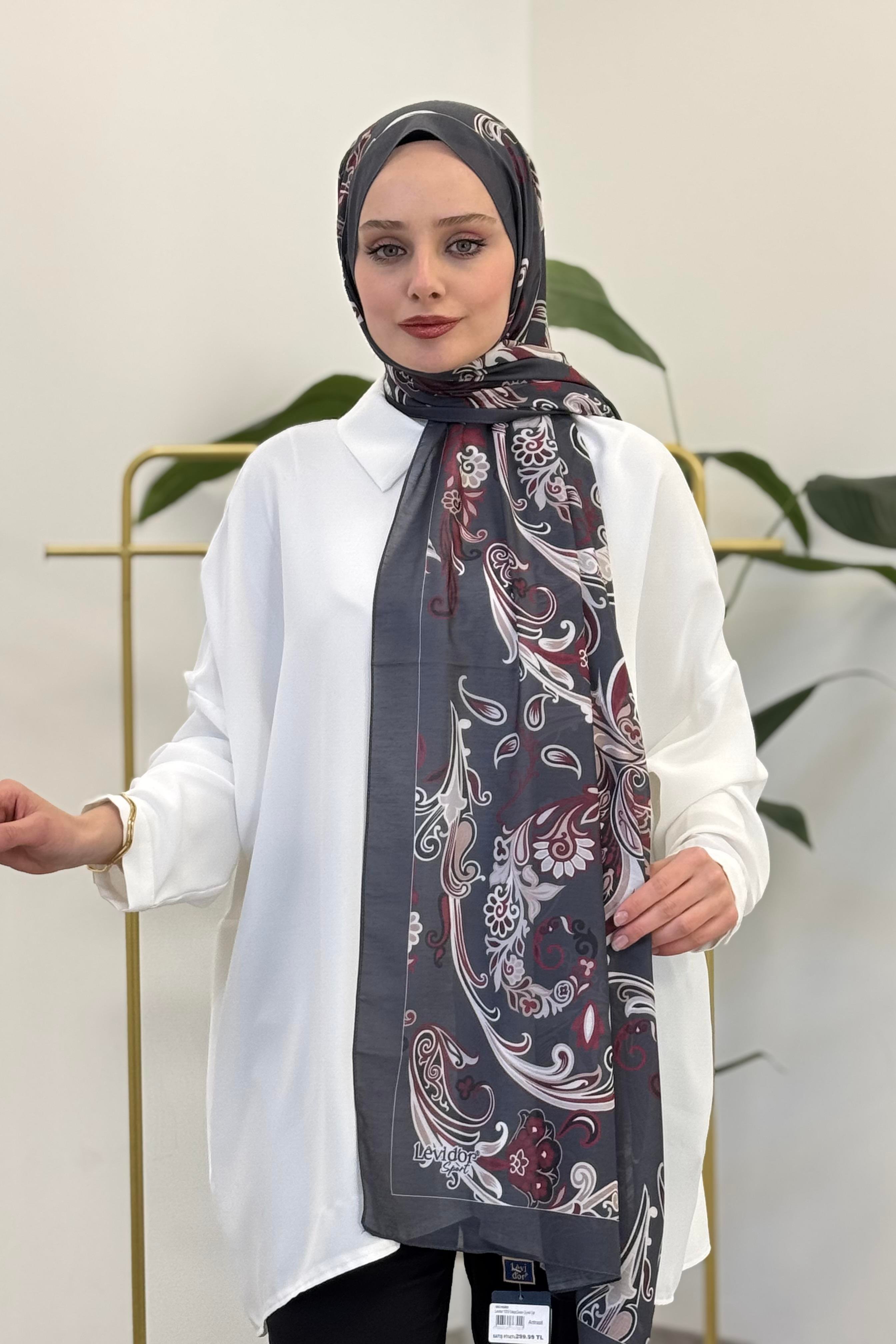LEVİDOR Levidor 11212 Dalga Desen Çiçekli Şal - Antrasit Levidor 11212 Dalga Desen Çiçekli Şal - Bilen Giyim Şal 