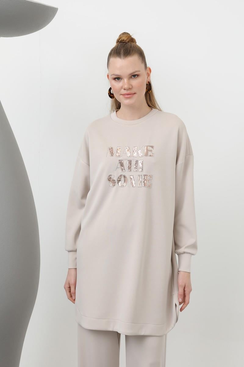 PUANE Make All Some Yazılı Pntolonlı Takım 14300 - Kum Beji Make All Some Yazılı Pntolonlı Takım 14300 - Kum Beji - Bilen Giyim Takım 