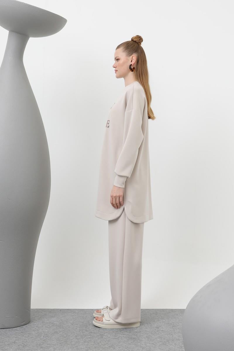 PUANE Make All Some Yazılı Pntolonlı Takım 14300 - Kum Beji Make All Some Yazılı Pntolonlı Takım 14300 - Kum Beji - Bilen Giyim Takım 