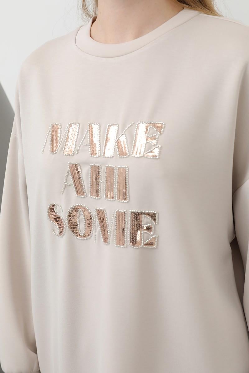 PUANE Make All Some Yazılı Pntolonlı Takım 14300 - Kum Beji Make All Some Yazılı Pntolonlı Takım 14300 - Kum Beji - Bilen Giyim Takım 