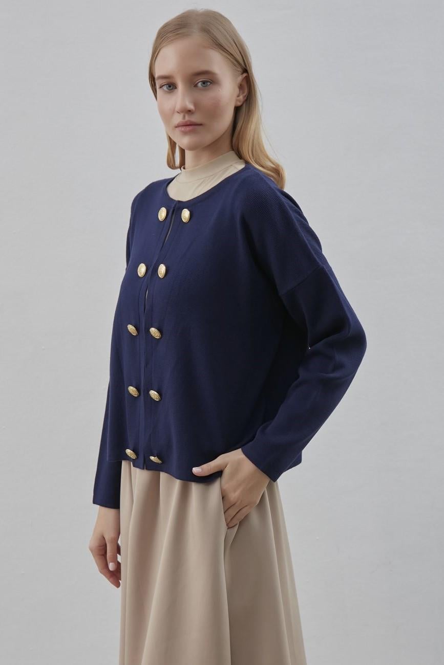 MERWİSH Merwish 753 Blazer Kısa Triko Hırka - Lacivert  Kazak & Hırka