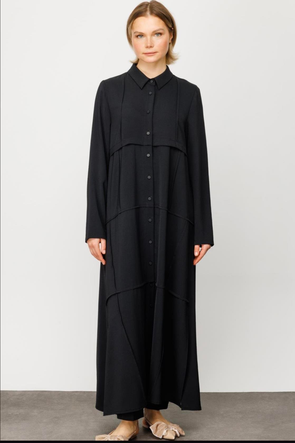 MİCCA Micca 241502M Parça Dikişli Düğmeli Ferace - Siyah  Pardesü & Ferace 