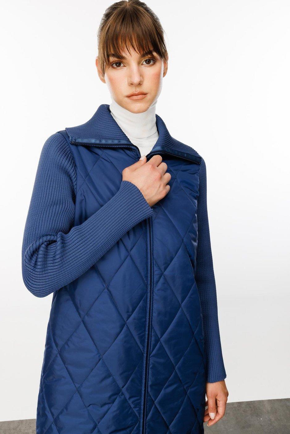 MİCCA Micca 242520M Classy Triko Yaka Ve Kol Detaylı Hafif Kaban - Lacivert  Kaban & Mont 