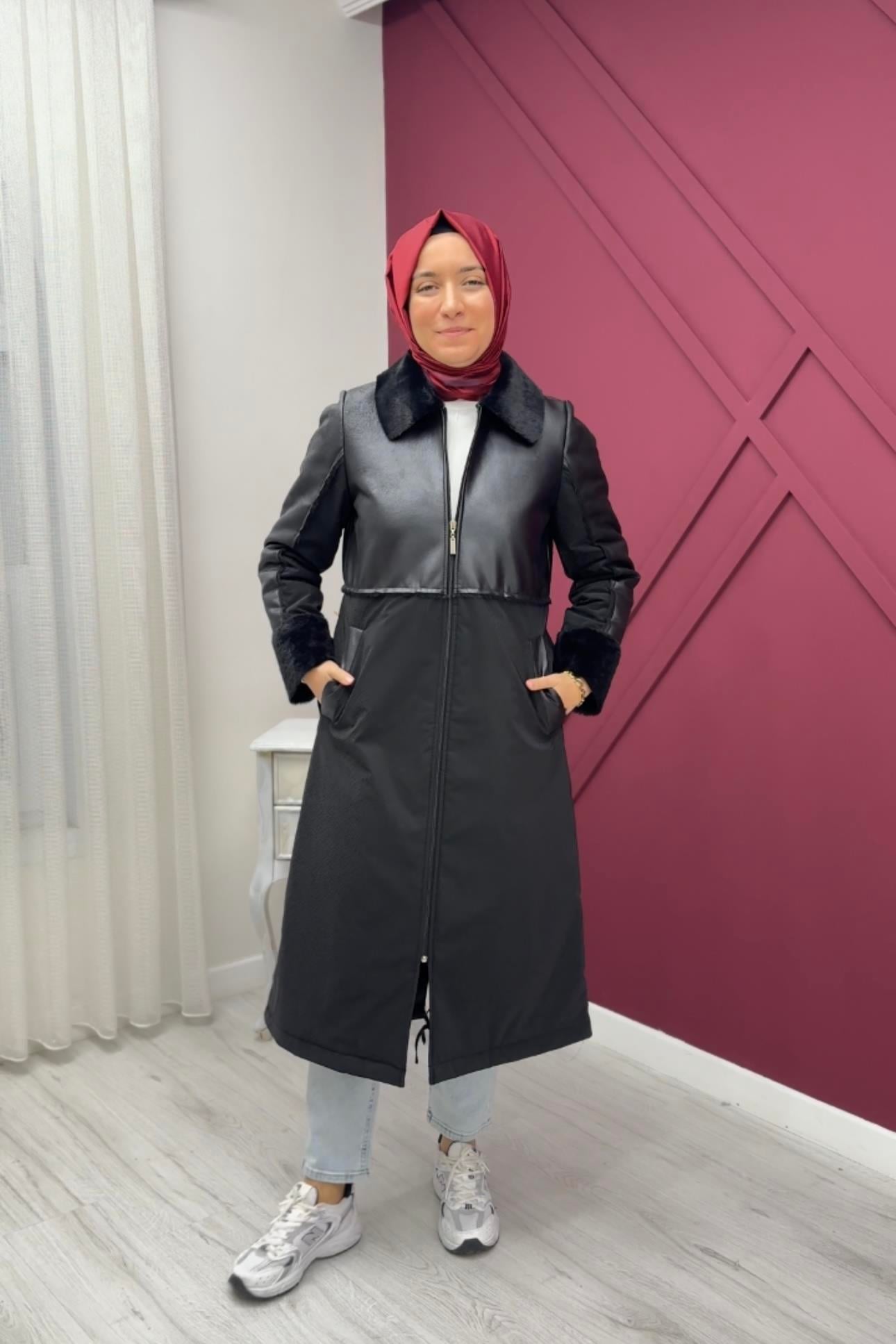MİCCA Micca 242579M Yaka Kürk Detay Deri Görünümlü Mont - Siyah Micca 242579M Yaka Kürk Detay Deri Görünümlü Mont - Siyah - Bilen Giyim Kaban & Mont 
