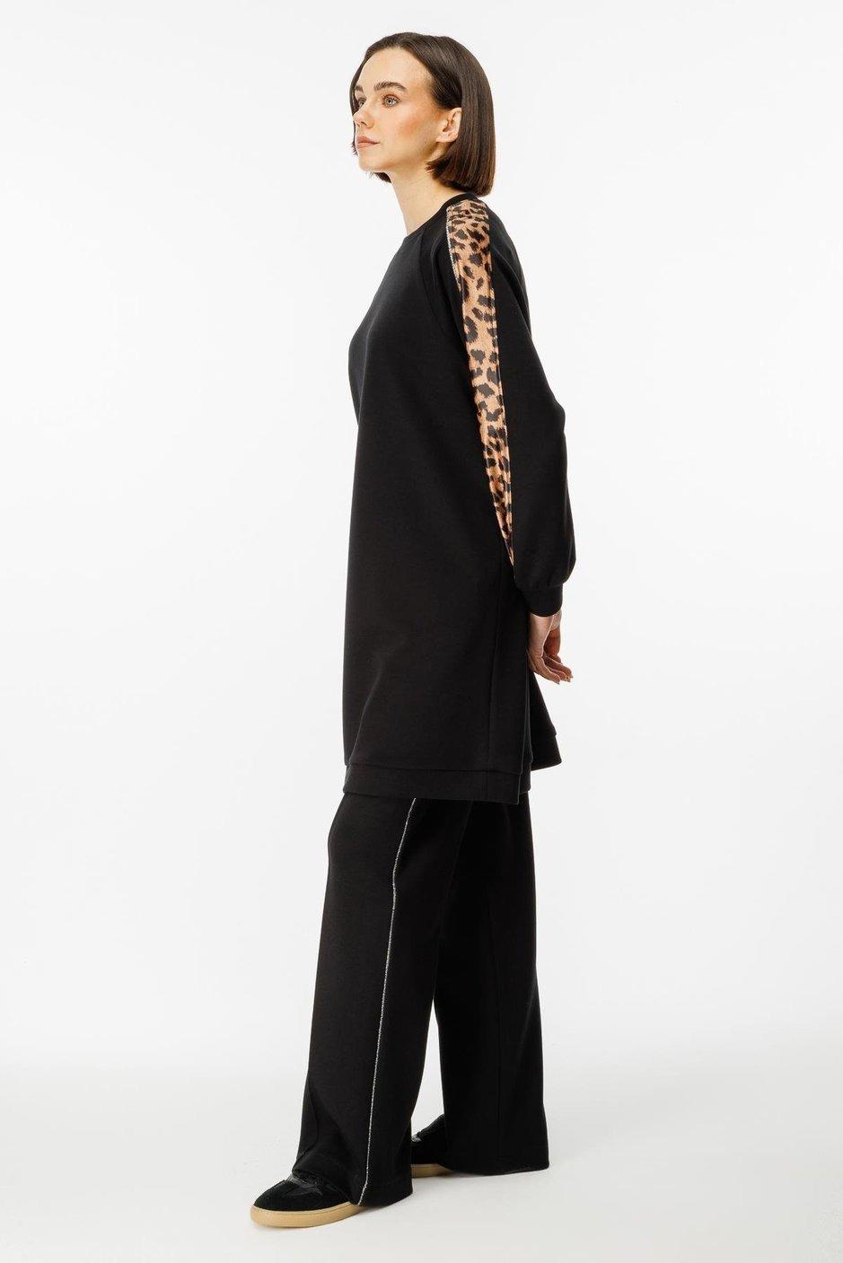 MİCCA Micca 242890M Leopar Sim Detaylı Örme Pantolonlu Takım - Siyah  Takım 
