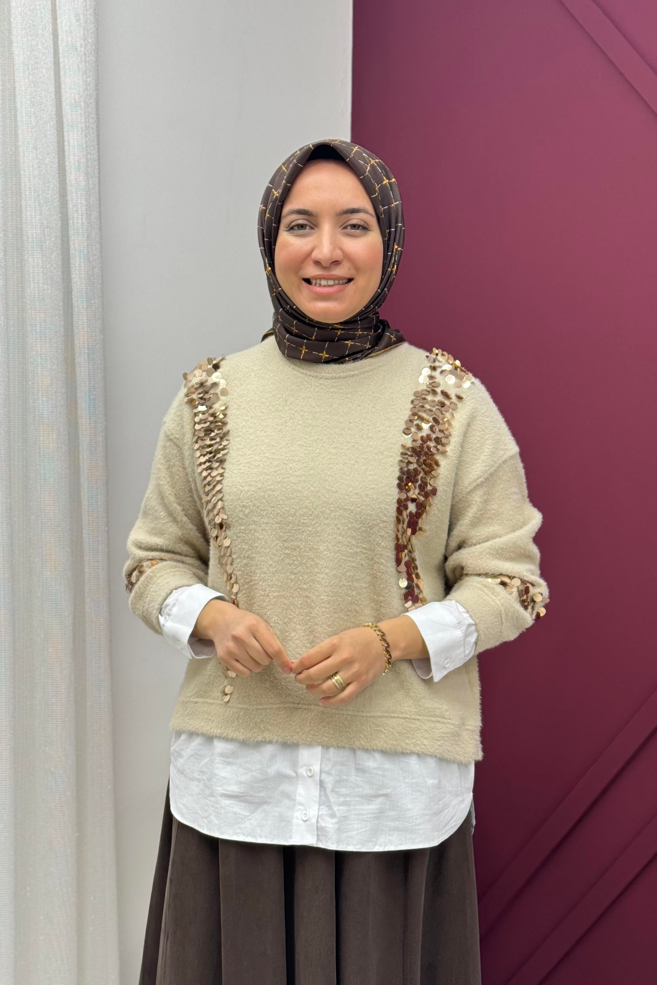 MİSSEMRAMİSS Missemramiss 4653 Pullu Gömlek Garni Angora Tunik - Bej  Tunik 