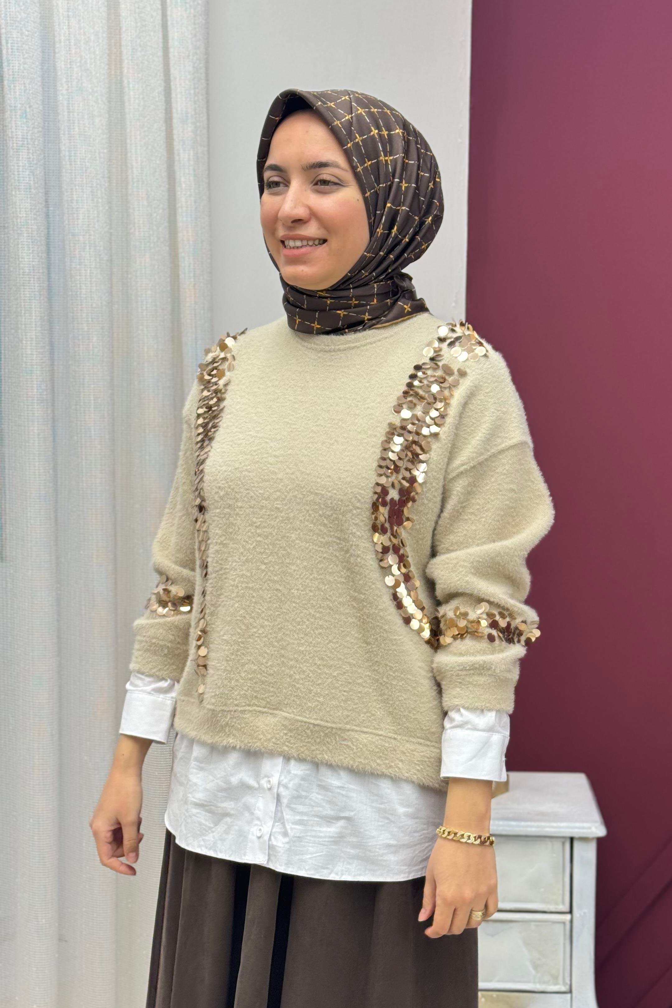 MİSSEMRAMİSS Missemramiss 4653 Pullu Gömlek Garni Angora Tunik - Bej  Tunik 