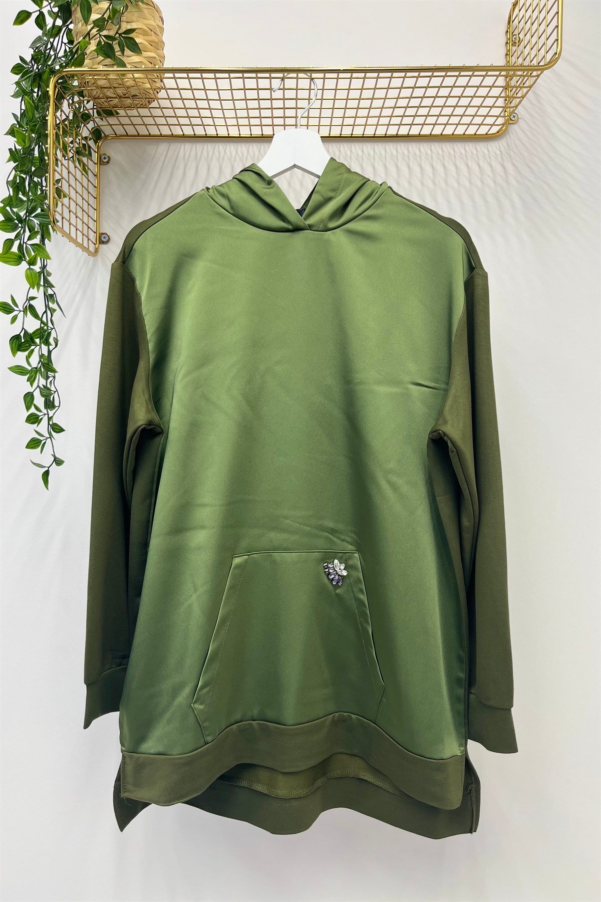 MİSSEMRAMİSS Missemramiss 3712 İpek Saten Garni Swr İşli Sweatshirt - Haki  Tunik