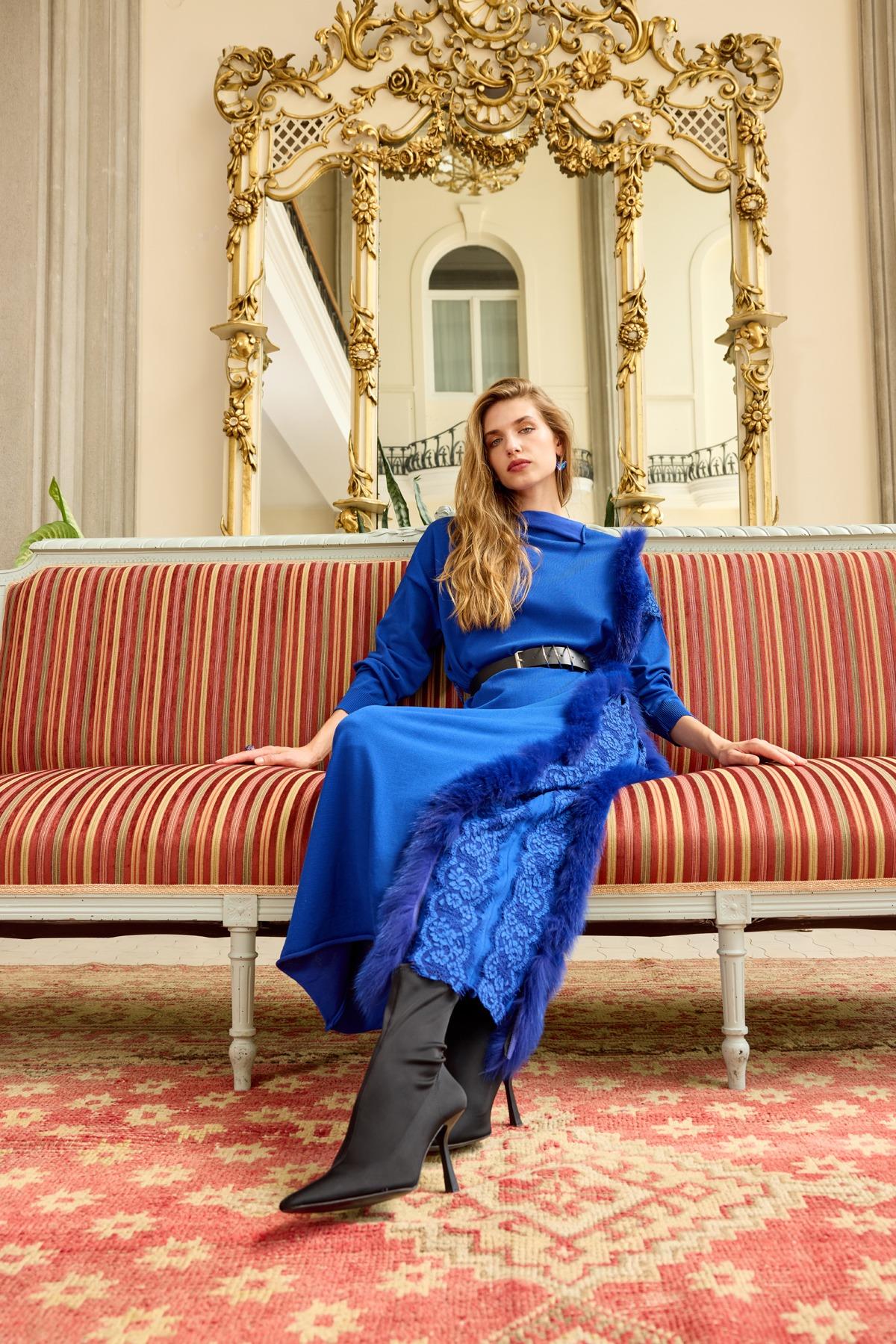 MİSSWHENCE Misswhence 36805 Triko Kürklü Elbise - Saks  Elbise 