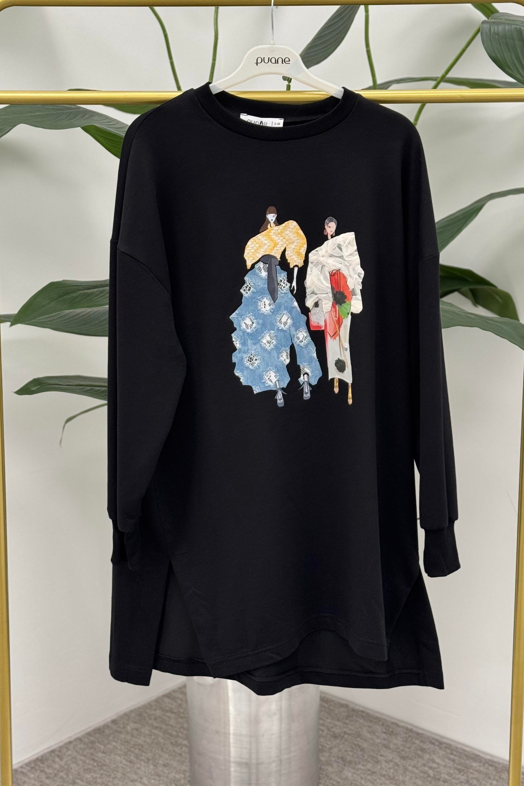 PUANE Moda İcon Kız Baskılı Tunik 10634 - Siyah Moda İcon Kız Baskılı Tunik 10634 - Bilen Giyim Tunik 