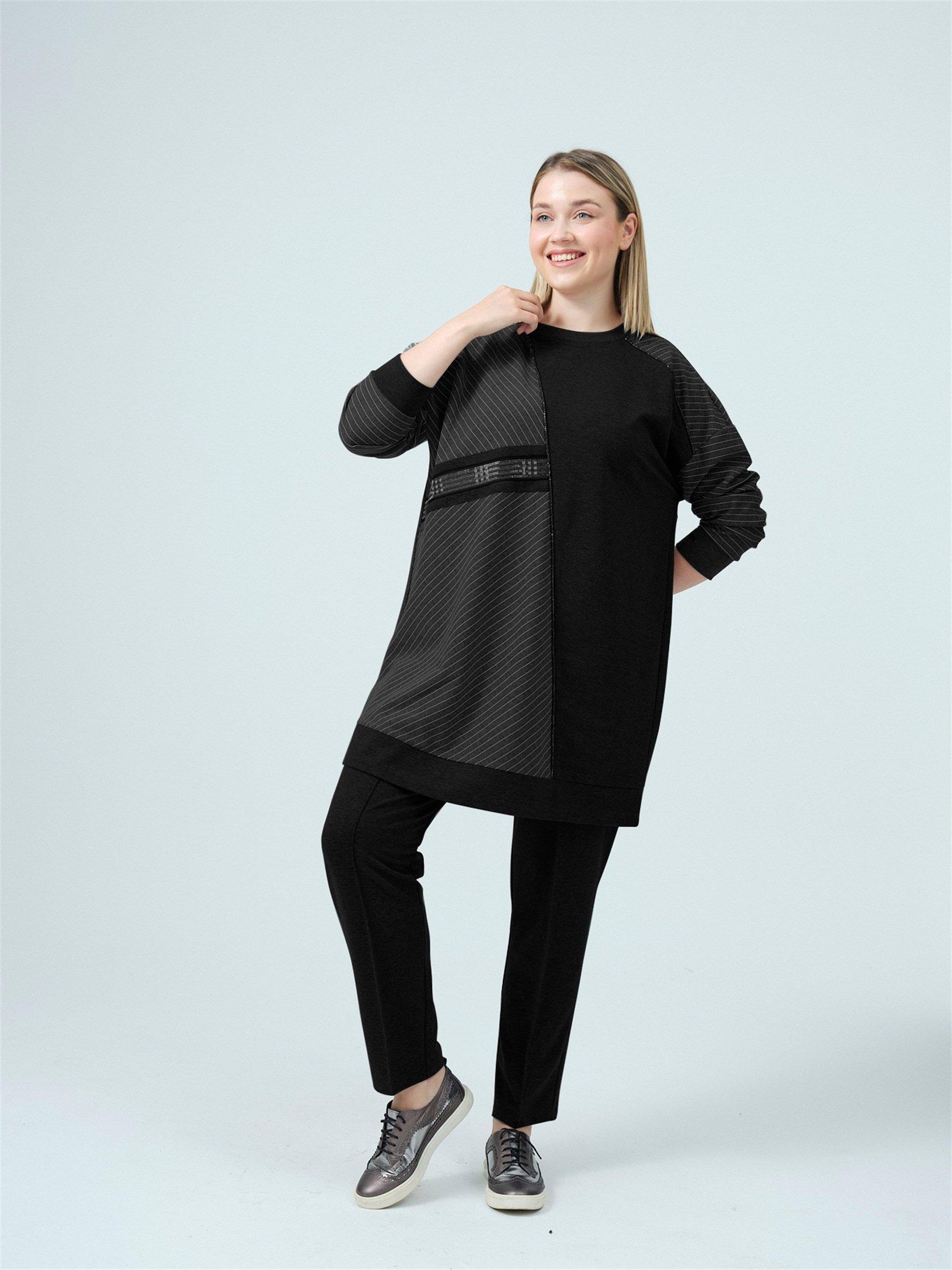 MOODBASİC Moodbasic Bb08.280 Çizgili Büyük Beden Takım - Siyah  Takım 