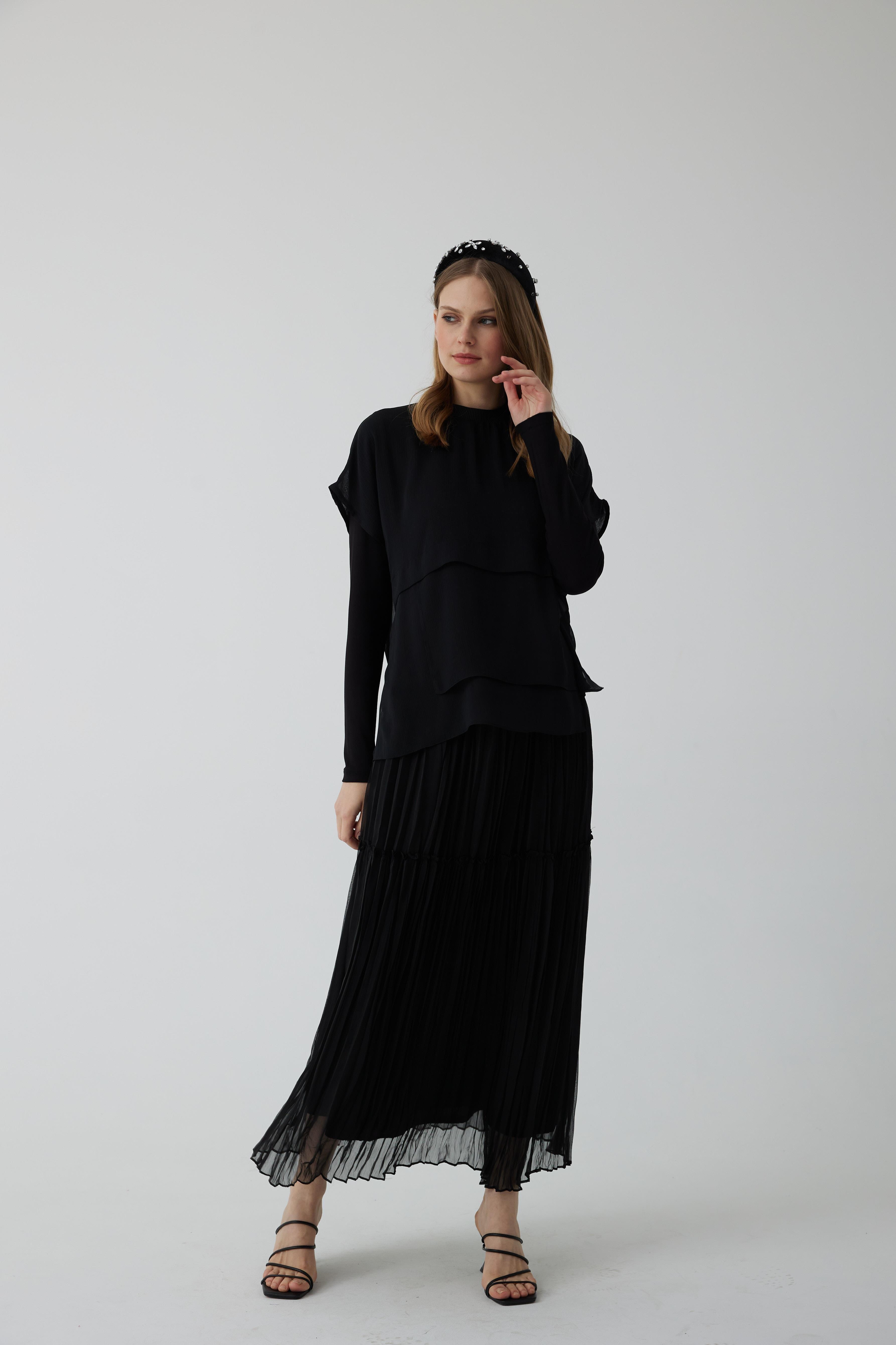 MOODBASİC Moodbasic Mb01.27 Şifon Katlı İkili Bluz - Siyah  Bluz & Gömlek