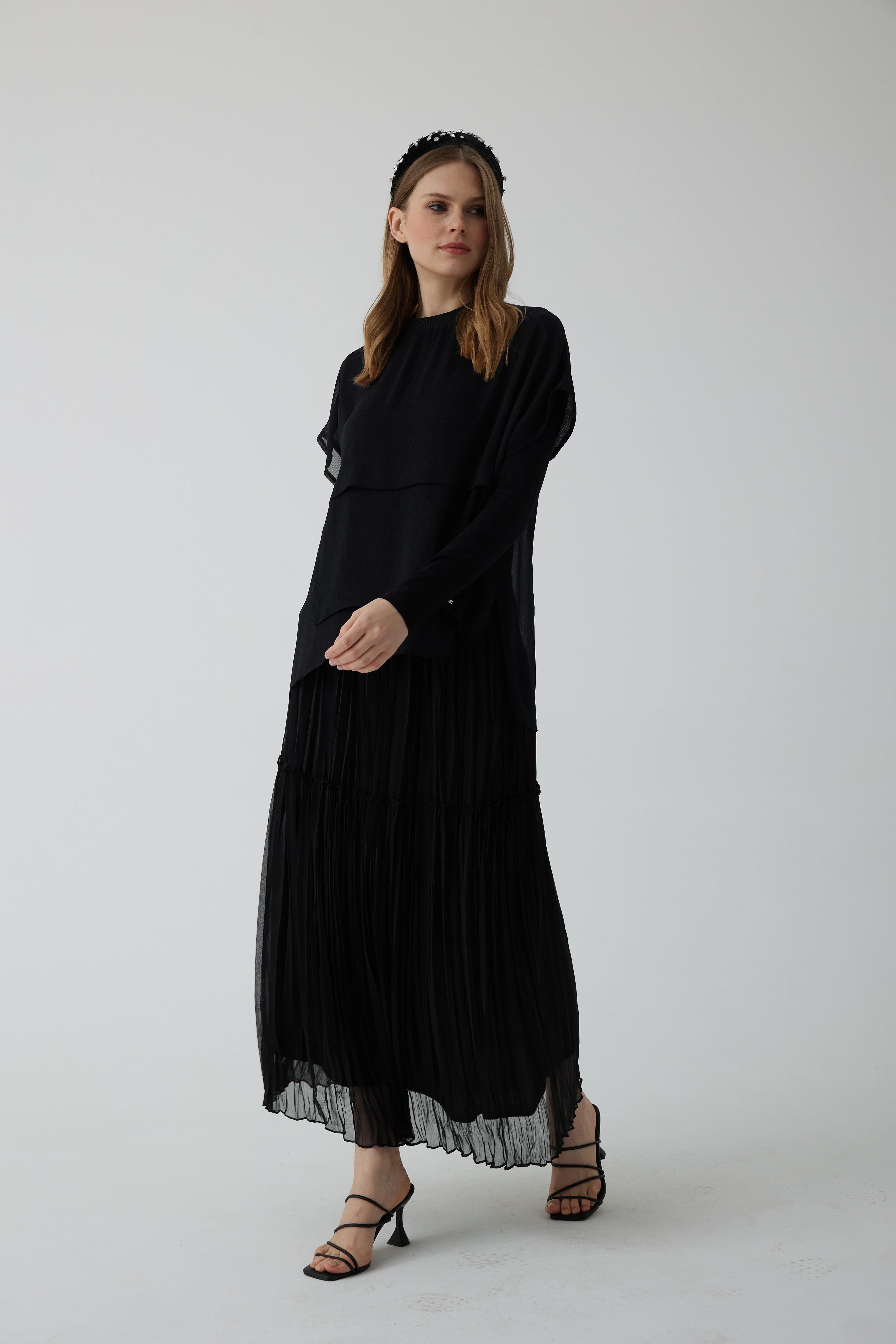 MOODBASİC Moodbasic Mb01.27 Şifon Katlı İkili Bluz - Siyah  Bluz & Gömlek