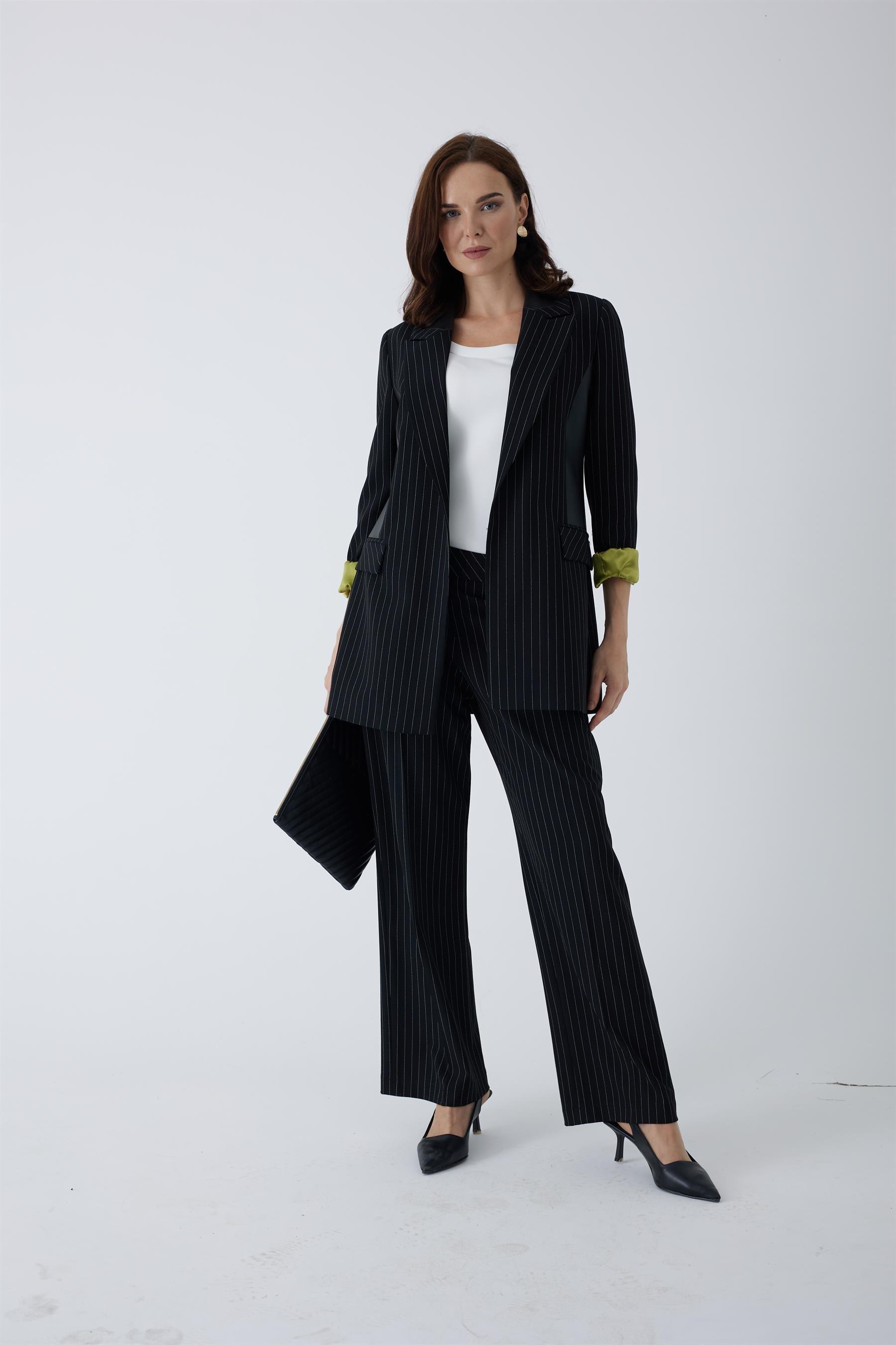 MOODBASİC Moodbasic Mb04.51 Çizgili Deri Detaylı Blazer Ceket - Siyah  Ceket 