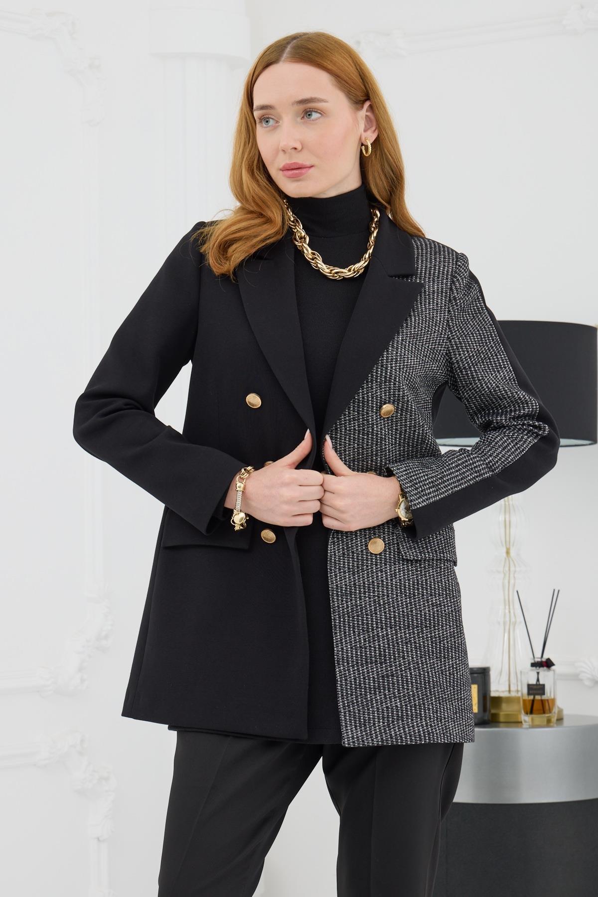 MOODBASİC Moodbasic Mb04.57 Gold Düğmeli Trikolu Ceket - Siyah Moodbasic Mb04.57 Gold Düğmeli Trikolu Ceket - Siyah - Bilen Giyim Ceket 