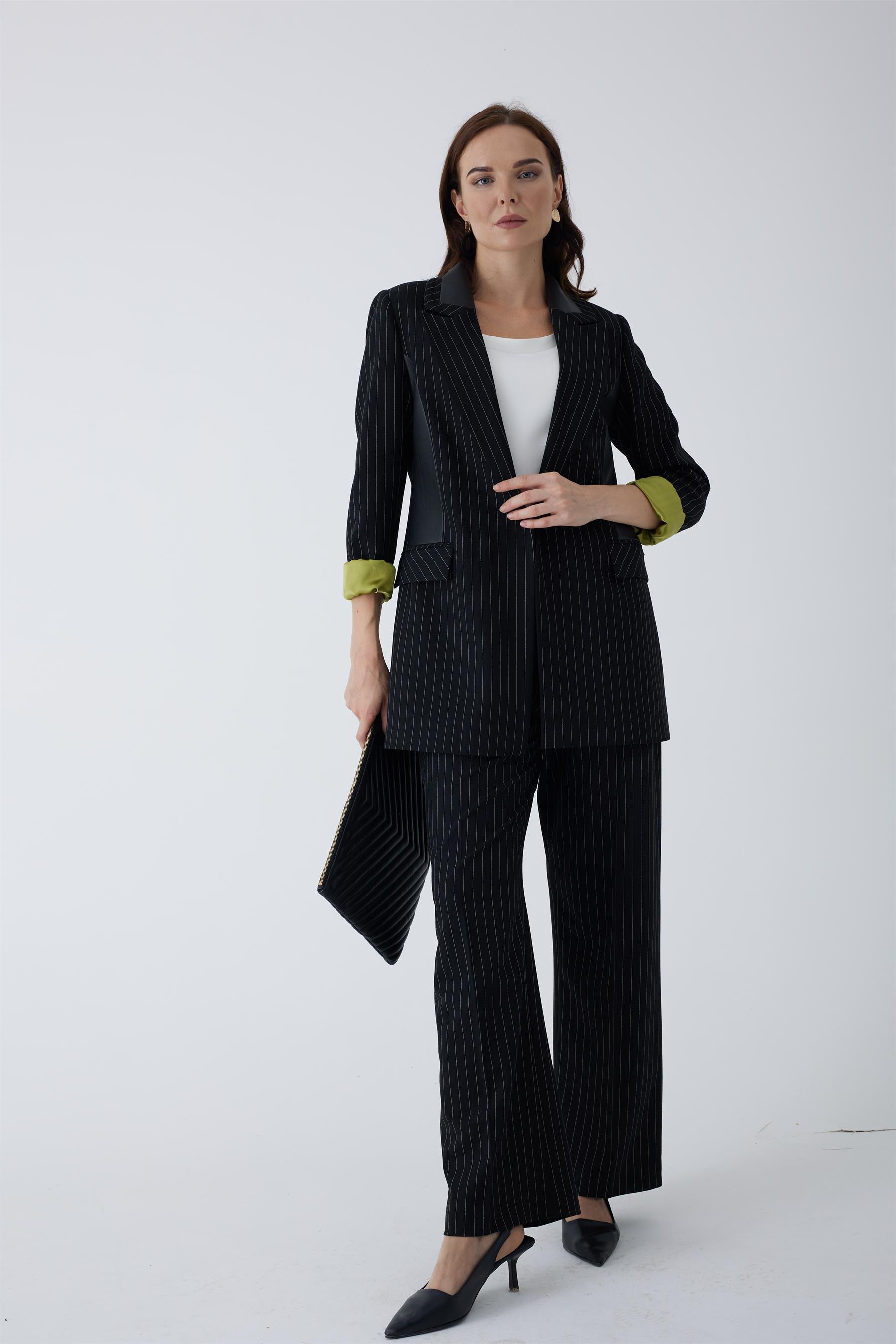 MOODBASİC Moodbasic Mb04.51 Çizgili Deri Detaylı Blazer Ceket - Siyah  Ceket 