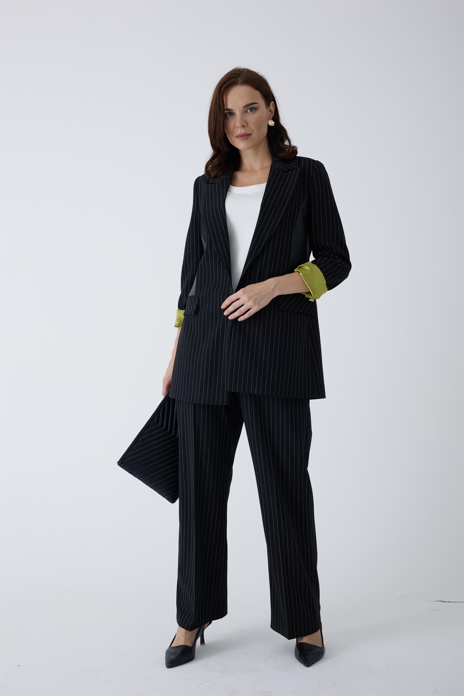 MOODBASİC Moodbasic Mb04.51 Çizgili Deri Detaylı Blazer Ceket - Siyah  Ceket 