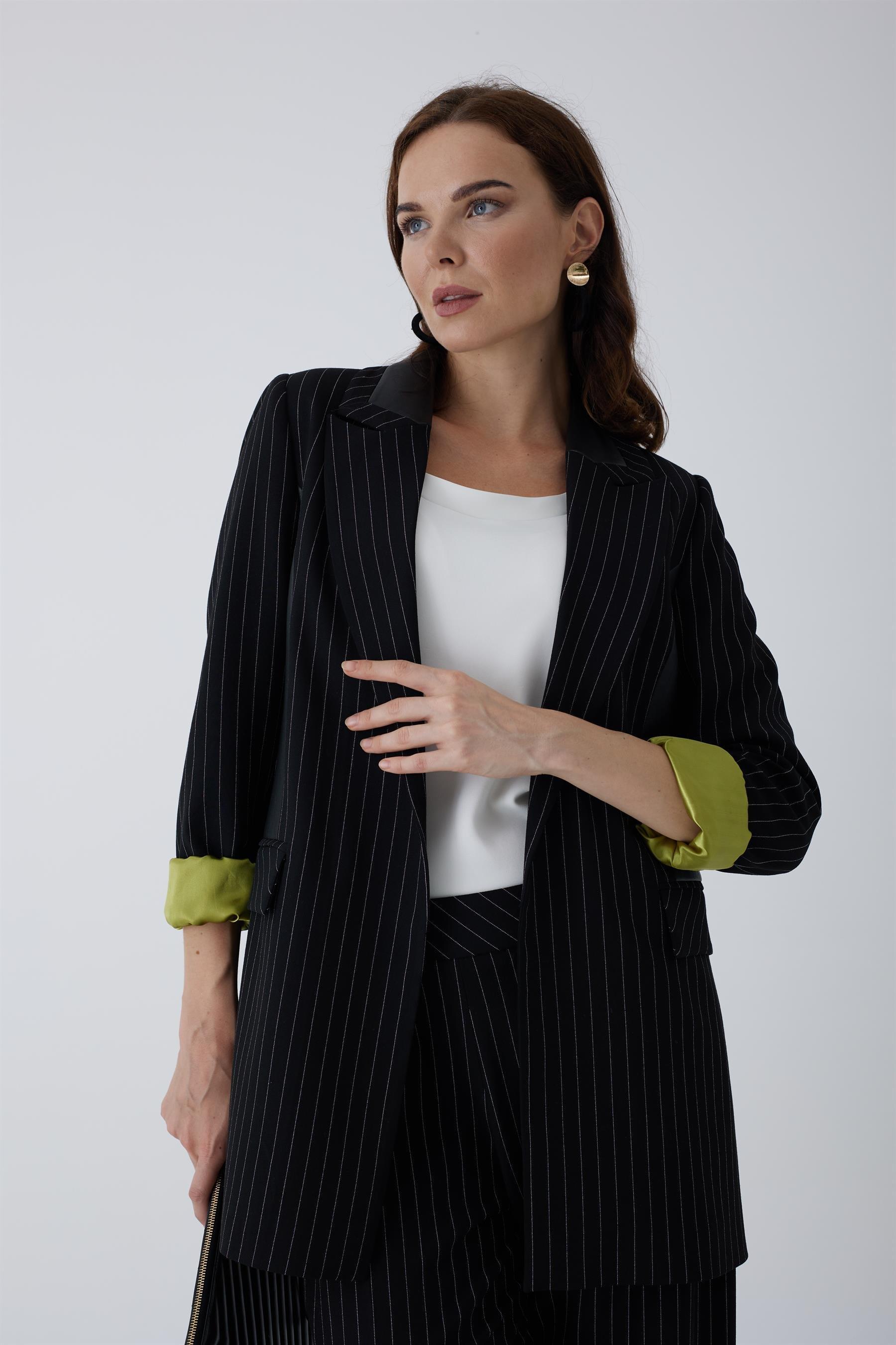 MOODBASİC Moodbasic Mb04.51 Çizgili Deri Detaylı Blazer Ceket - Siyah  Ceket 