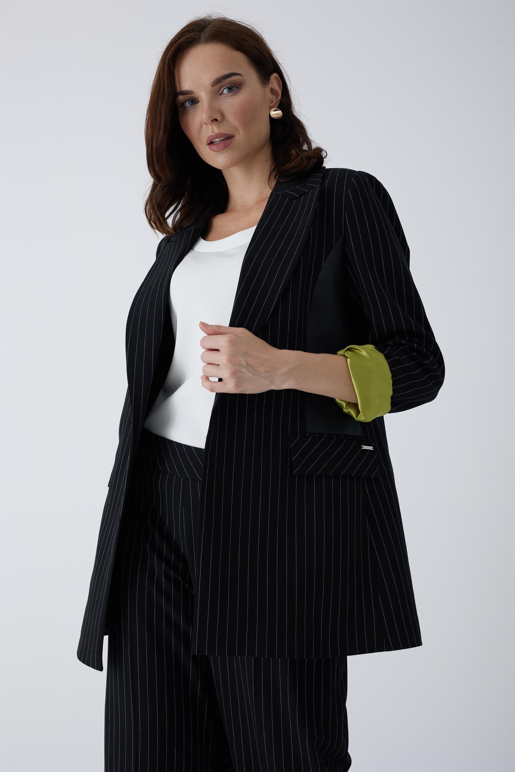 MOODBASİC Moodbasic Mb04.51 Çizgili Deri Detaylı Blazer Ceket - Siyah  Ceket 