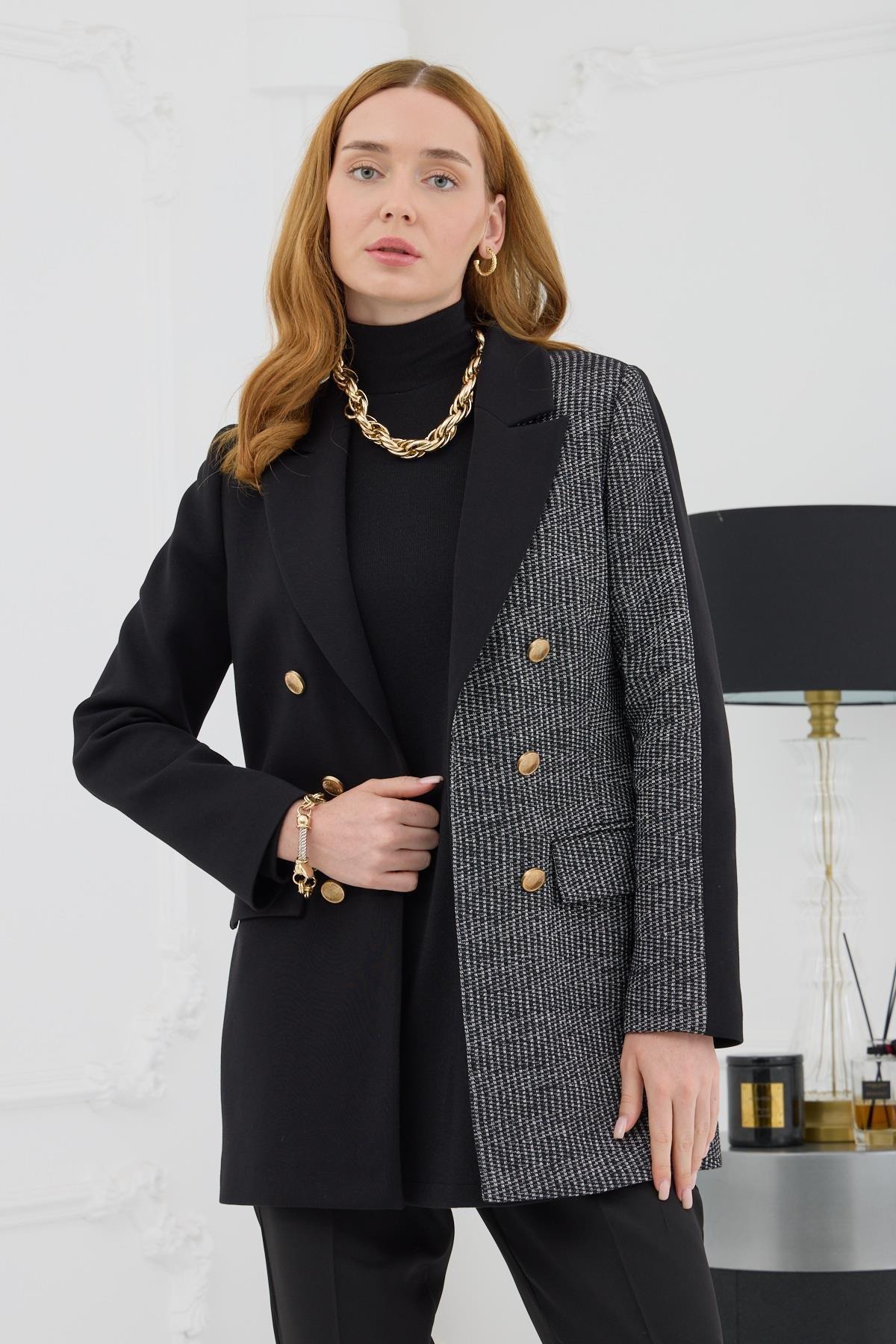MOODBASİC Moodbasic Mb04.57 Gold Düğmeli Trikolu Ceket - Siyah Moodbasic Mb04.57 Gold Düğmeli Trikolu Ceket - Siyah - Bilen Giyim Ceket 