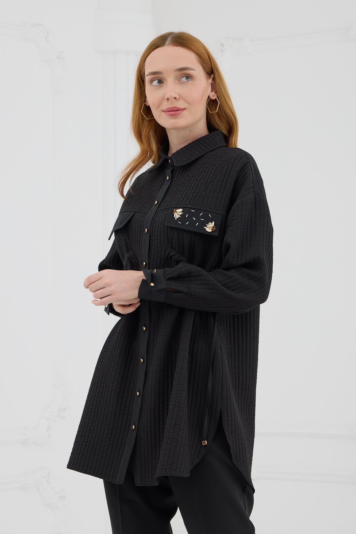MOODBASİC Moodbasic Mb11.242 Büzgü Detaylı Kapitone Gömlek - Siyah  Tunik 