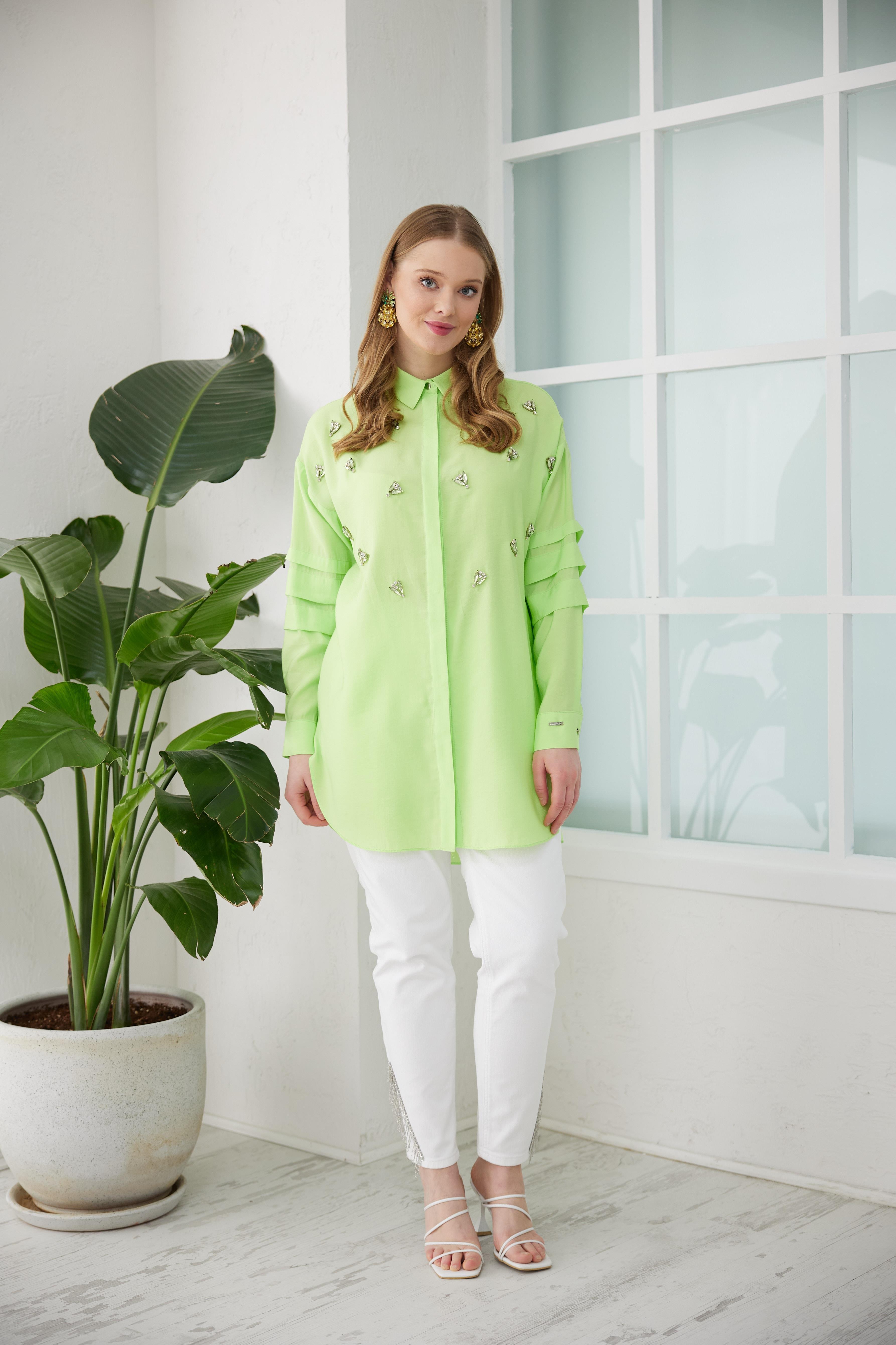 MOODBASİC Moodbasic Mb11.210 Renkli Taş İşlemeli Cupra Tunik - Lime  Tunik