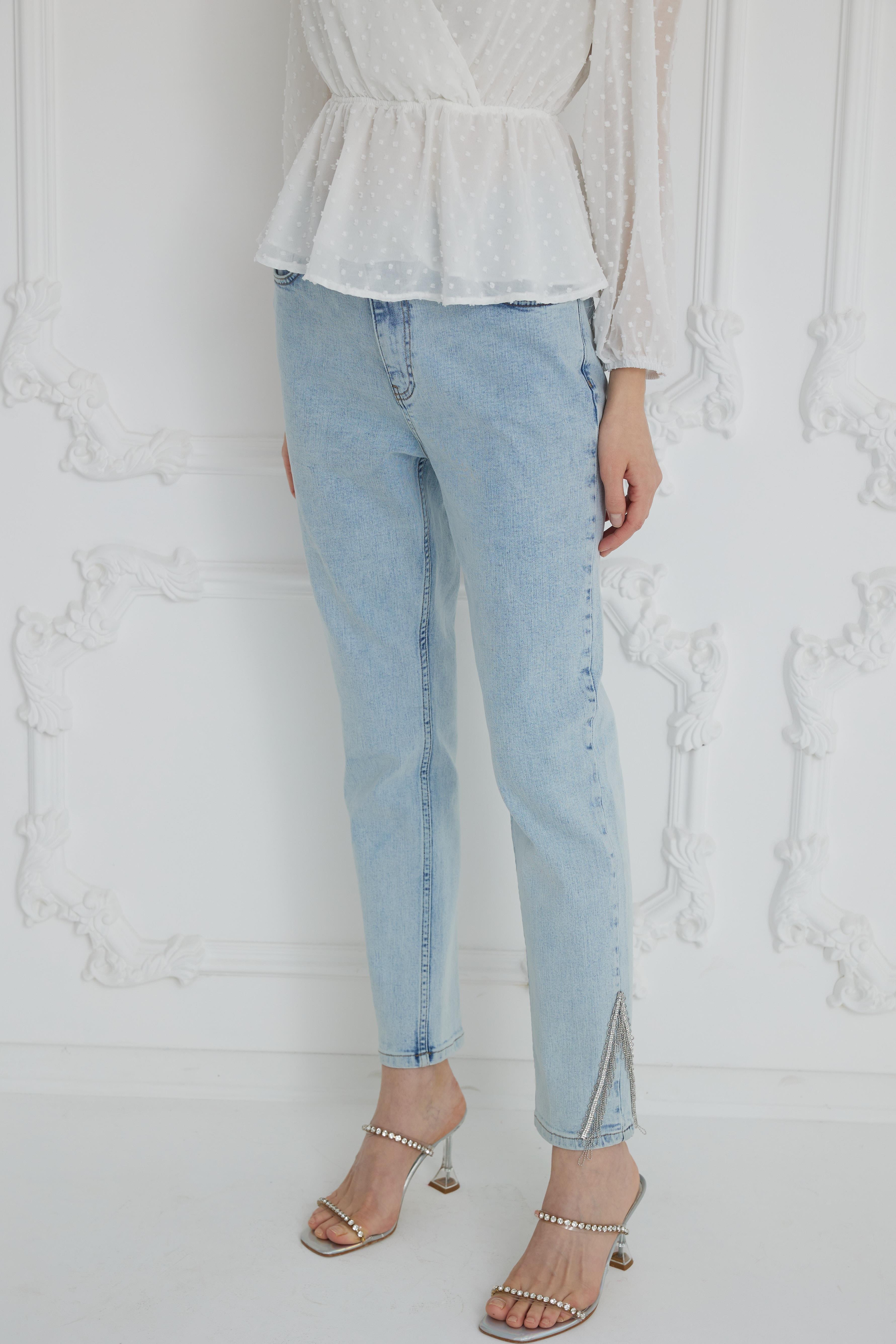MOODBASİC Moodbasic Mb20.82 Püsküllü Taşlı Kot Pantolon - Buz Mavi  Pantolon