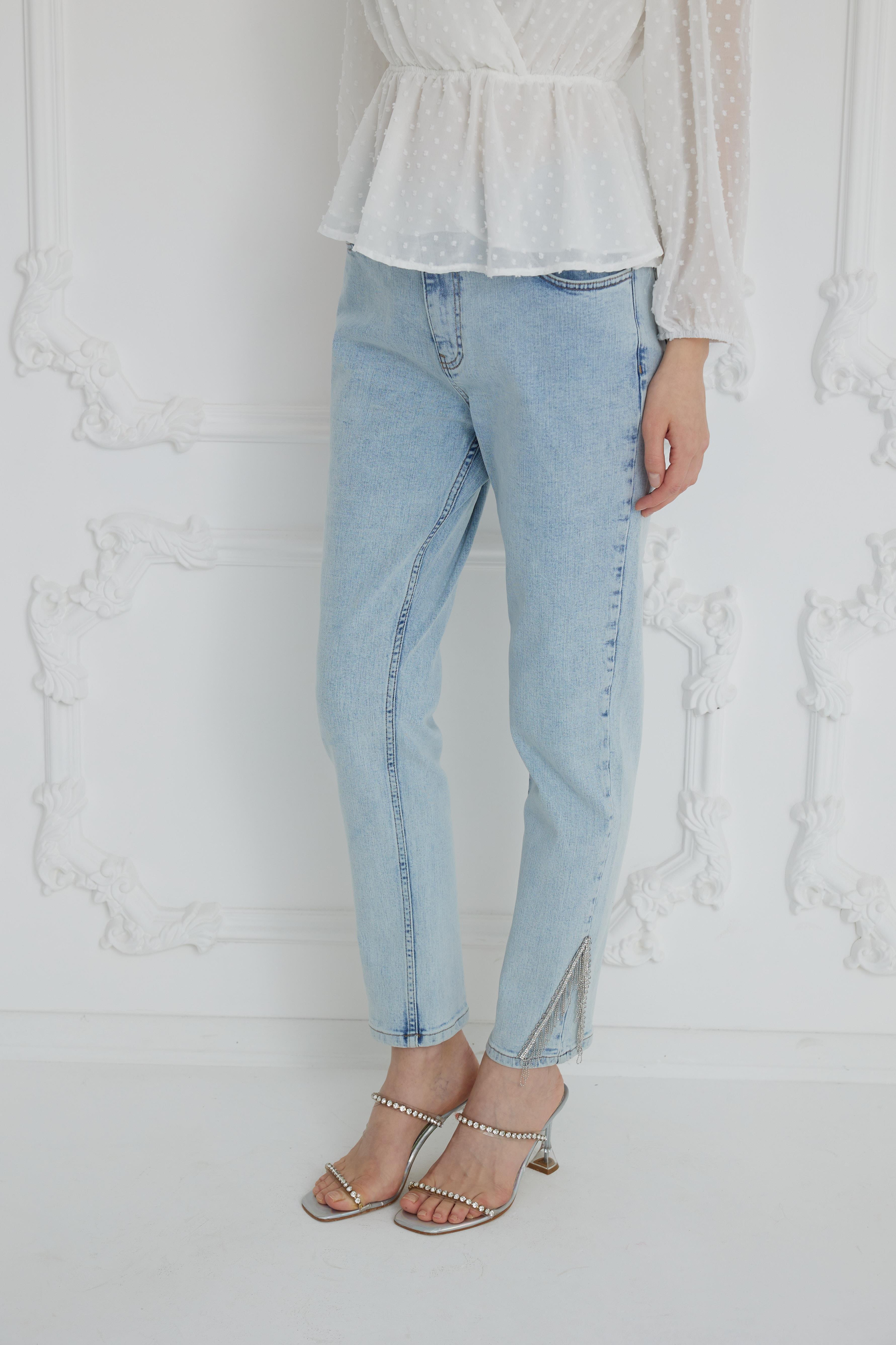 MOODBASİC Moodbasic Mb20.82 Püsküllü Taşlı Kot Pantolon - Buz Mavi  Pantolon