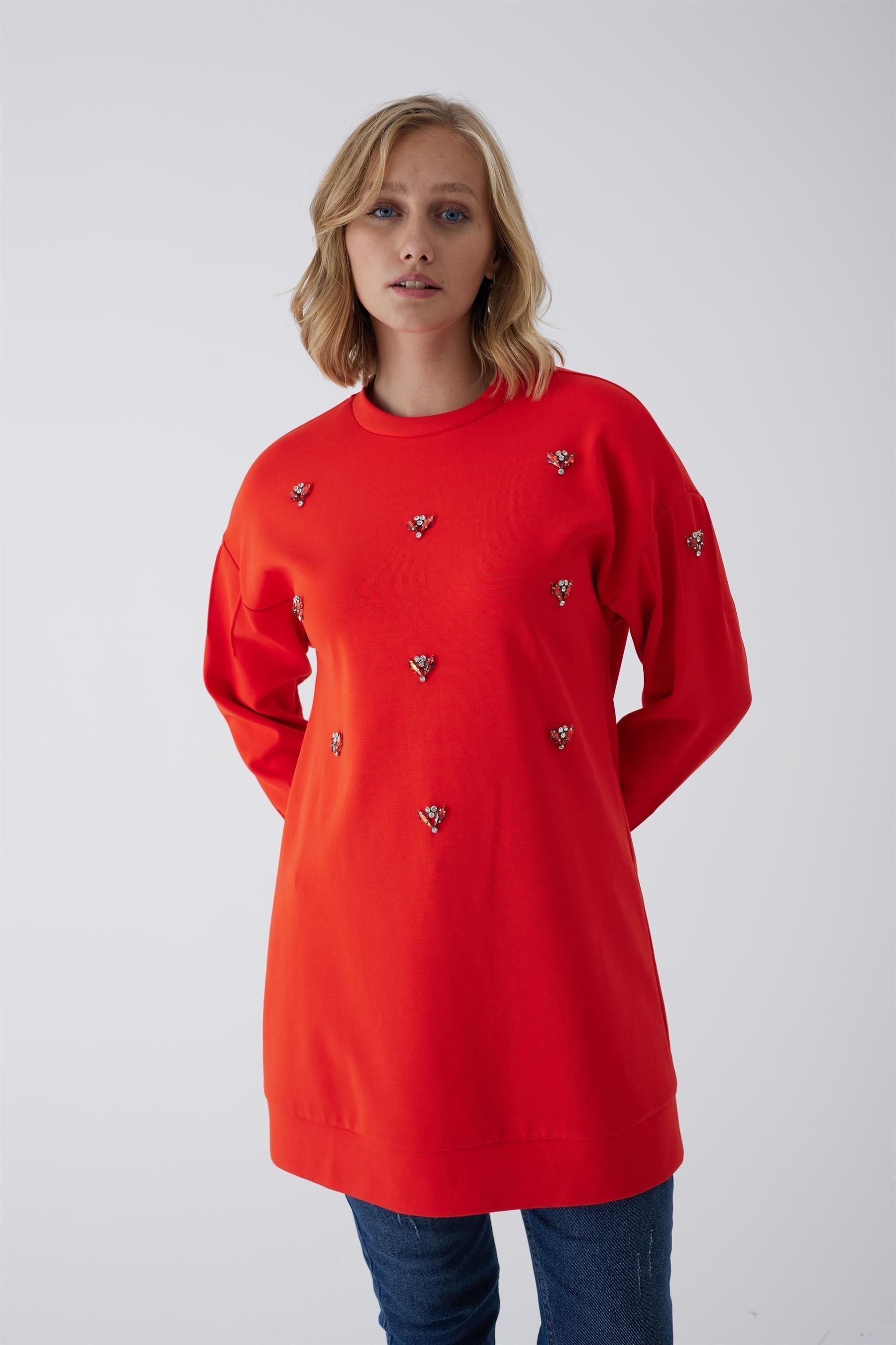 MOODBASİC Moodbasic Mb21.258 Renkli Taş İşlemeli Tunik - Mercan  Tunik 