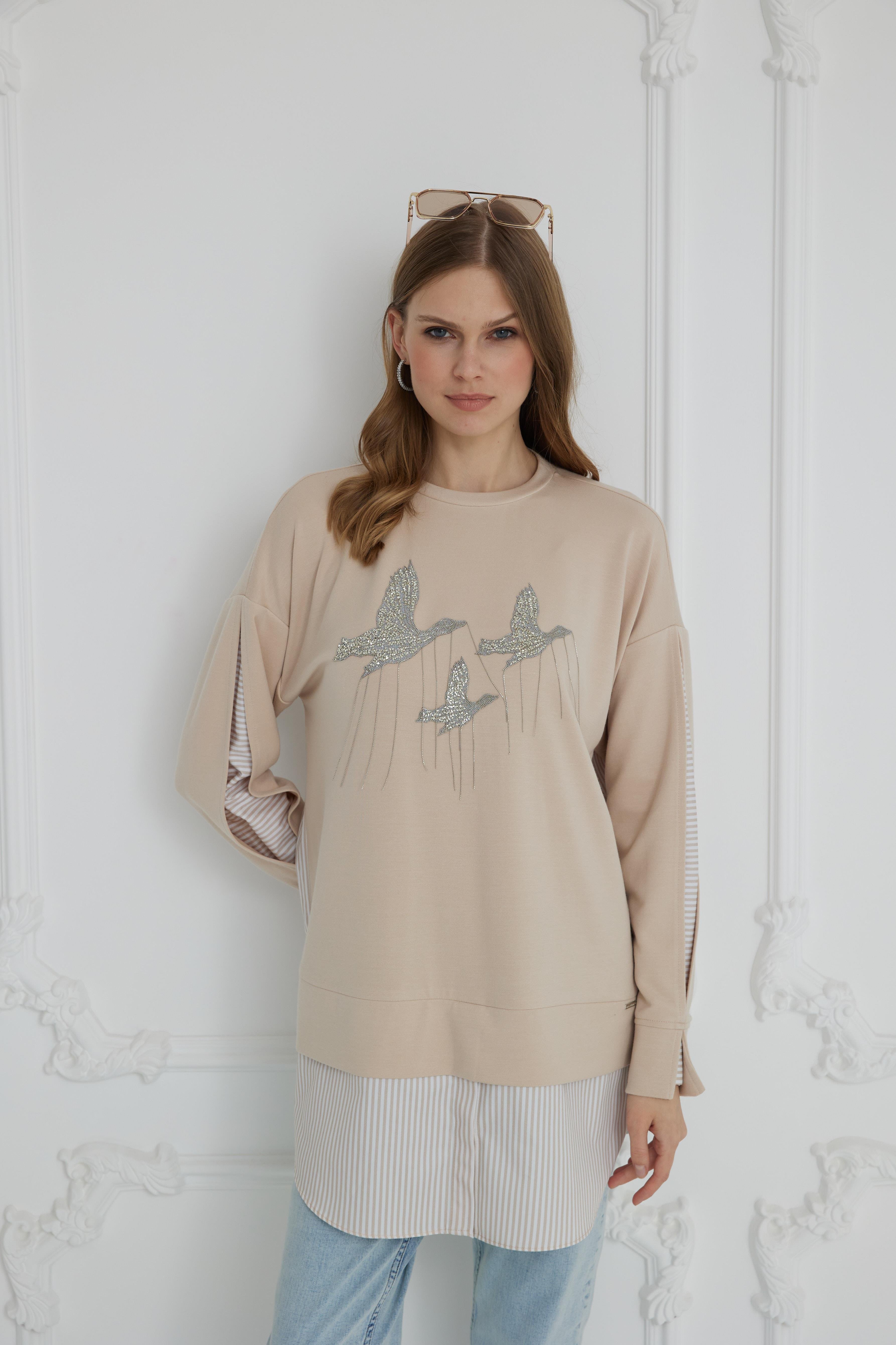 MOODBASİC Moodbasic Mb21.272 Kuş İşlemeli Modal Tunik - Bej  Tunik