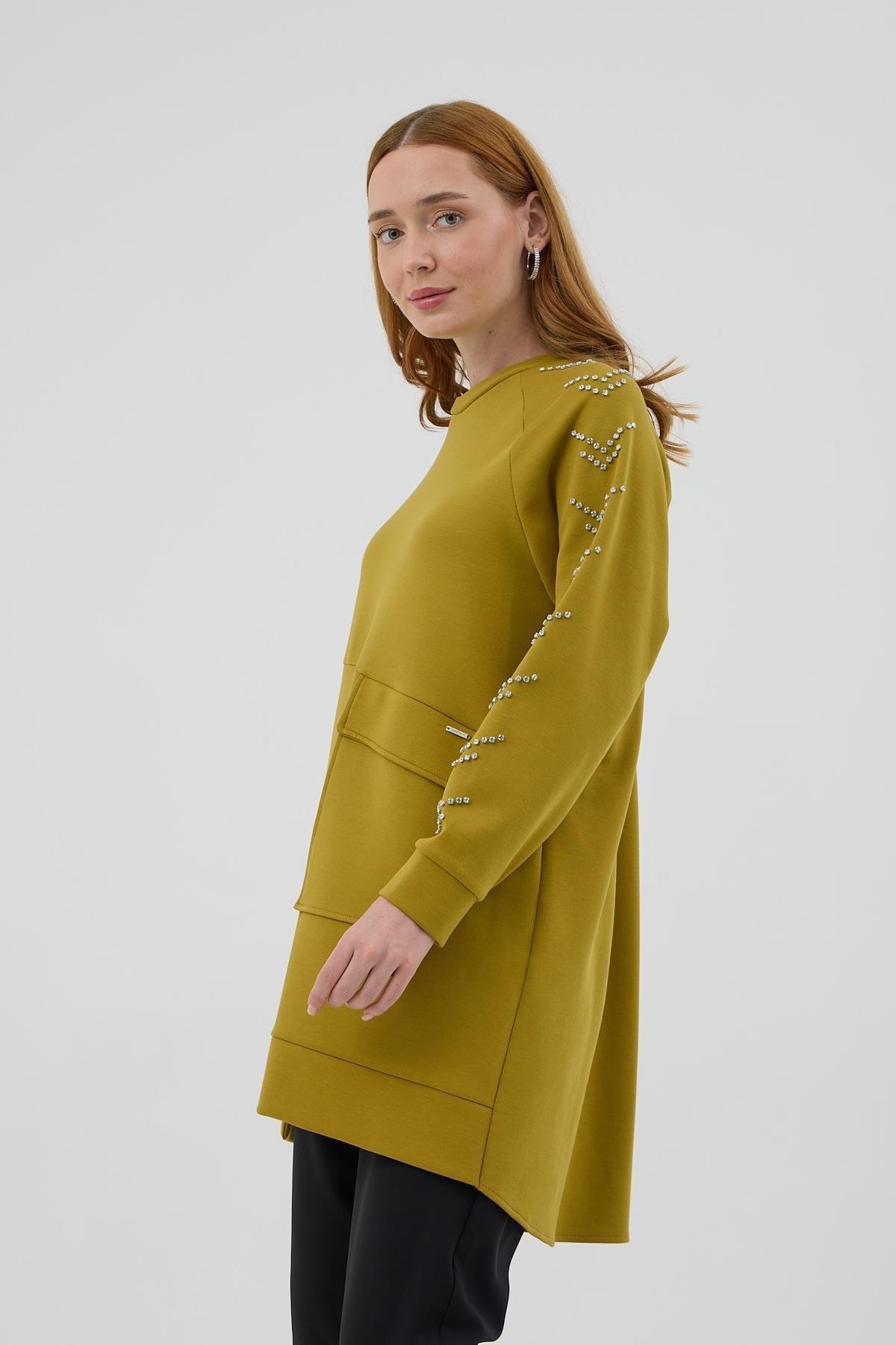 MOODBASİC Moodbasic Mb21.278 Kolları Çakma Taşlı Önü Cepli Tunik - Yağ Yeşili  Tunik 