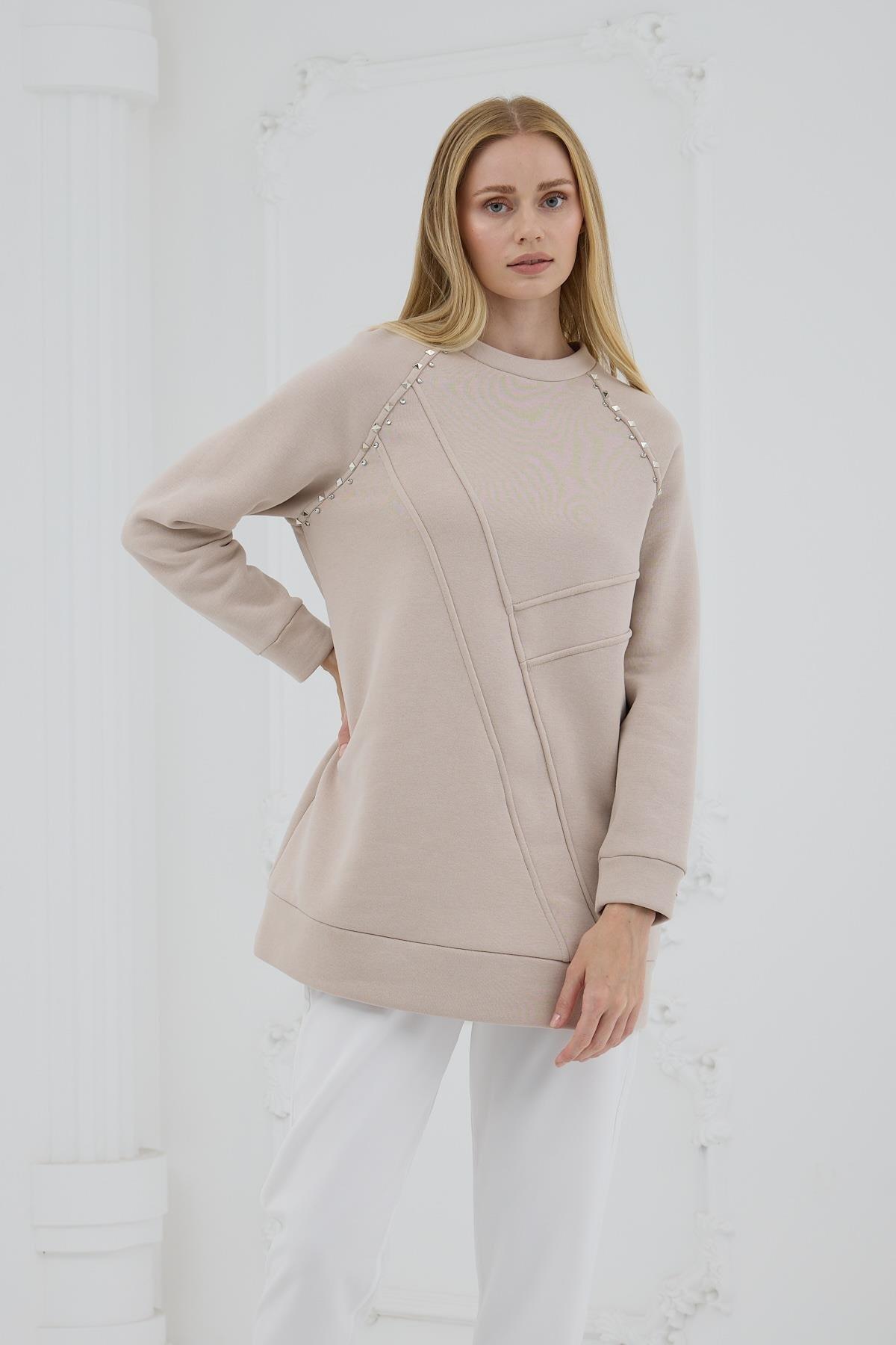 MOODBASİC Moodbasic Mb21.286 İçi Polarlı Zımbalı Tunik - Bej  Tunik 