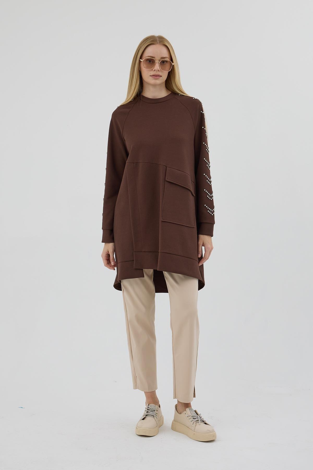 MOODBASİC Moodbasic Mb21.278 Kolları Çakma Taşlı Önü Cepli Tunik - Kahve  Tunik 