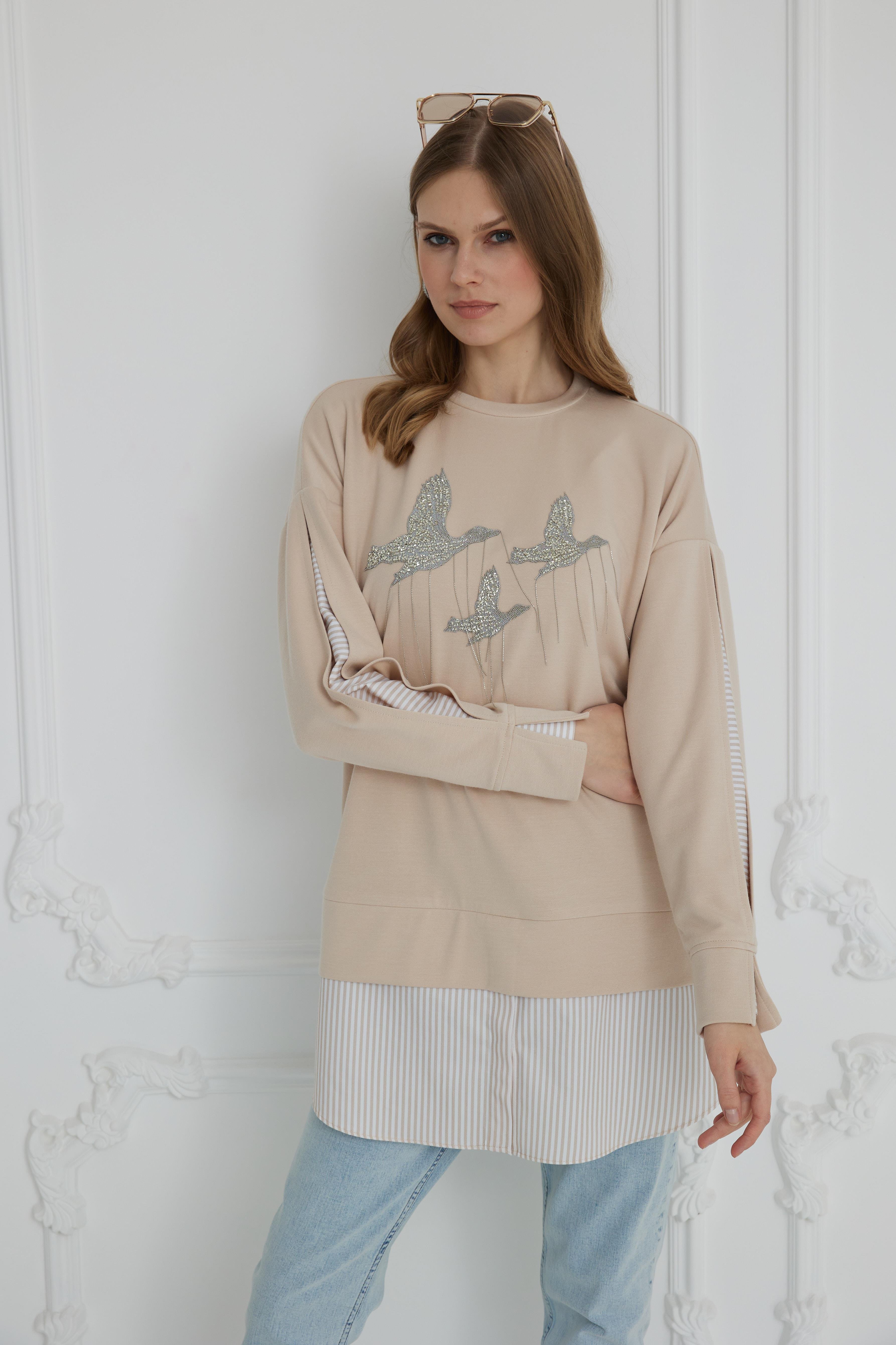 MOODBASİC Moodbasic Mb21.272 Kuş İşlemeli Modal Tunik - Bej  Tunik