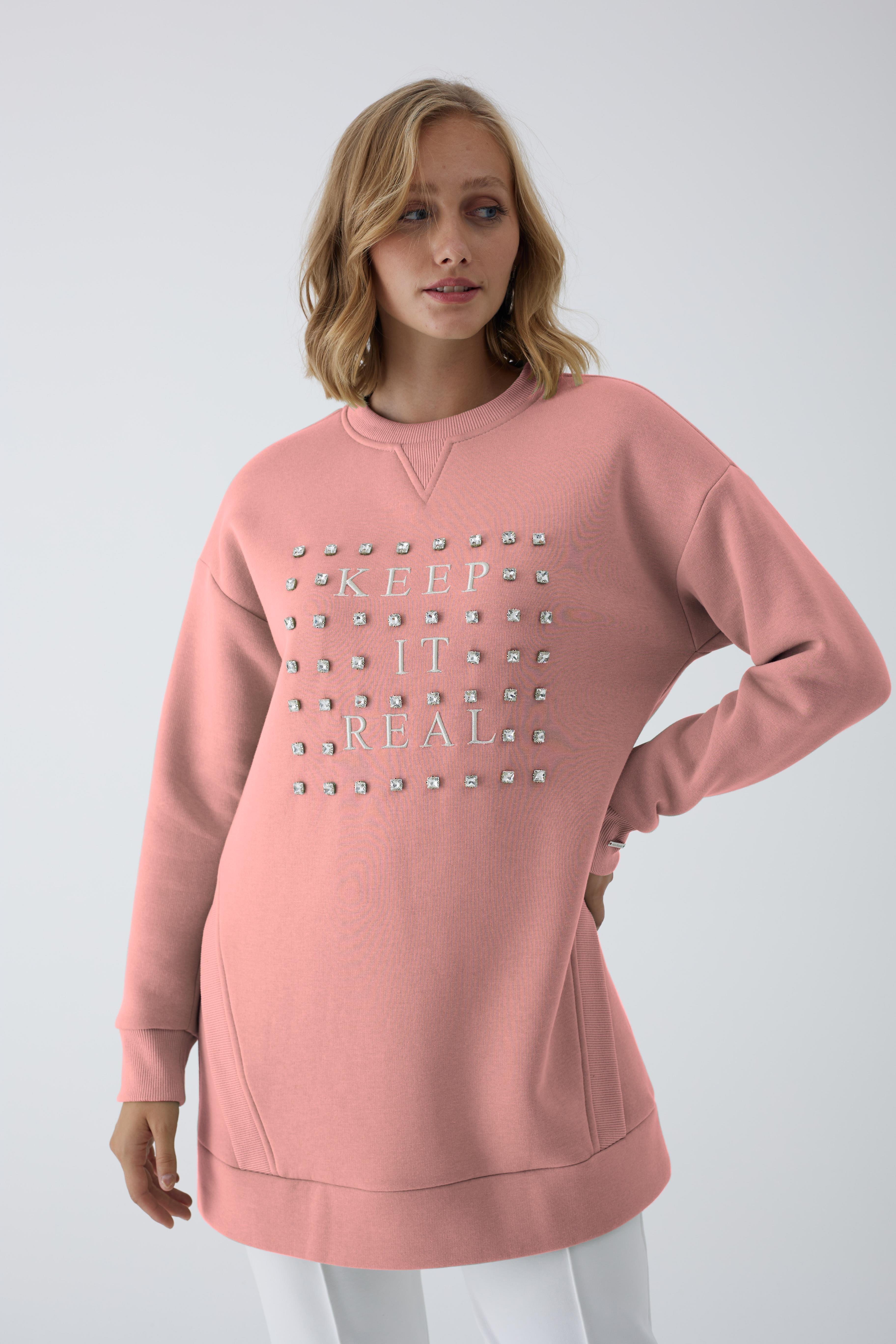 MOODBASİC Moodbasic Mb21.250 Taşlı Yazılı İçi Tüylü Tunik - Pudra  Tunik 