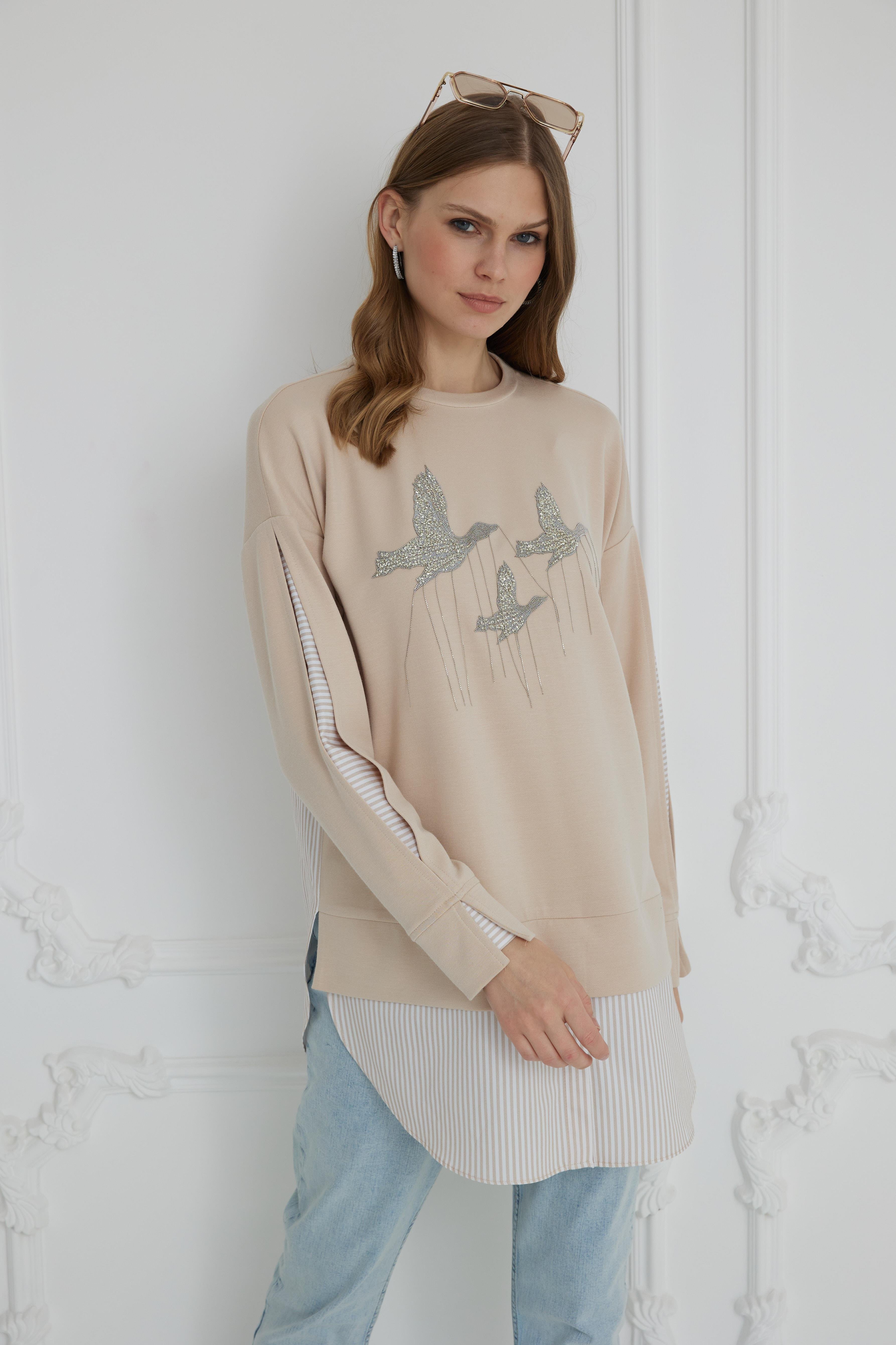 MOODBASİC Moodbasic Mb21.272 Kuş İşlemeli Modal Tunik - Bej  Tunik