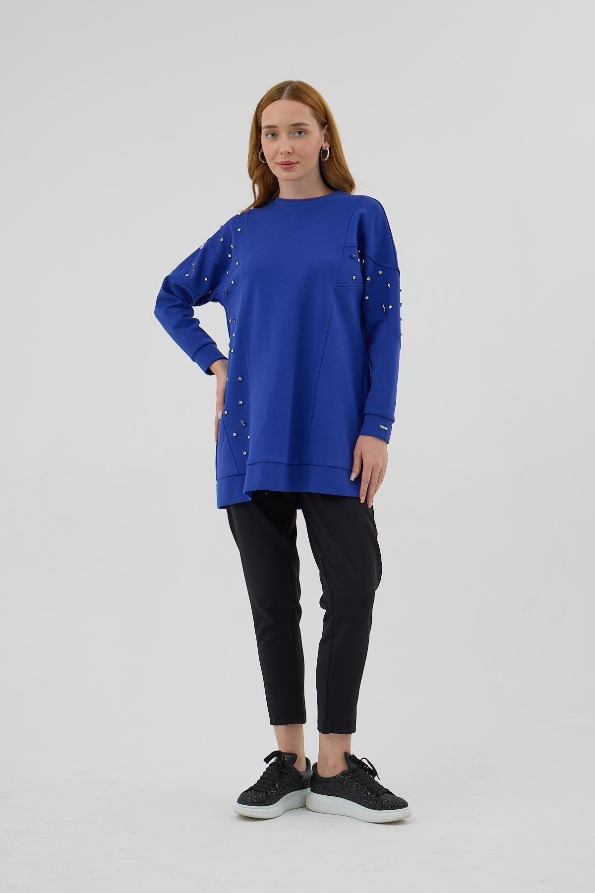 MOODBASİC Moodbasic Mb21.285 Asimetrik Kuplu Taşlı Tunik - Saks  Tunik 