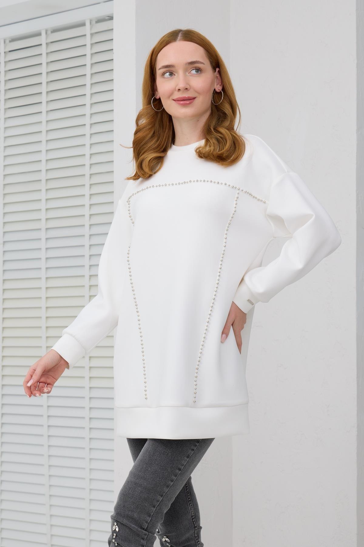 MOODBASİC Moodbasic Mb21.287 Gümüş İncili Scuba Tunik - Ekru  Tunik 