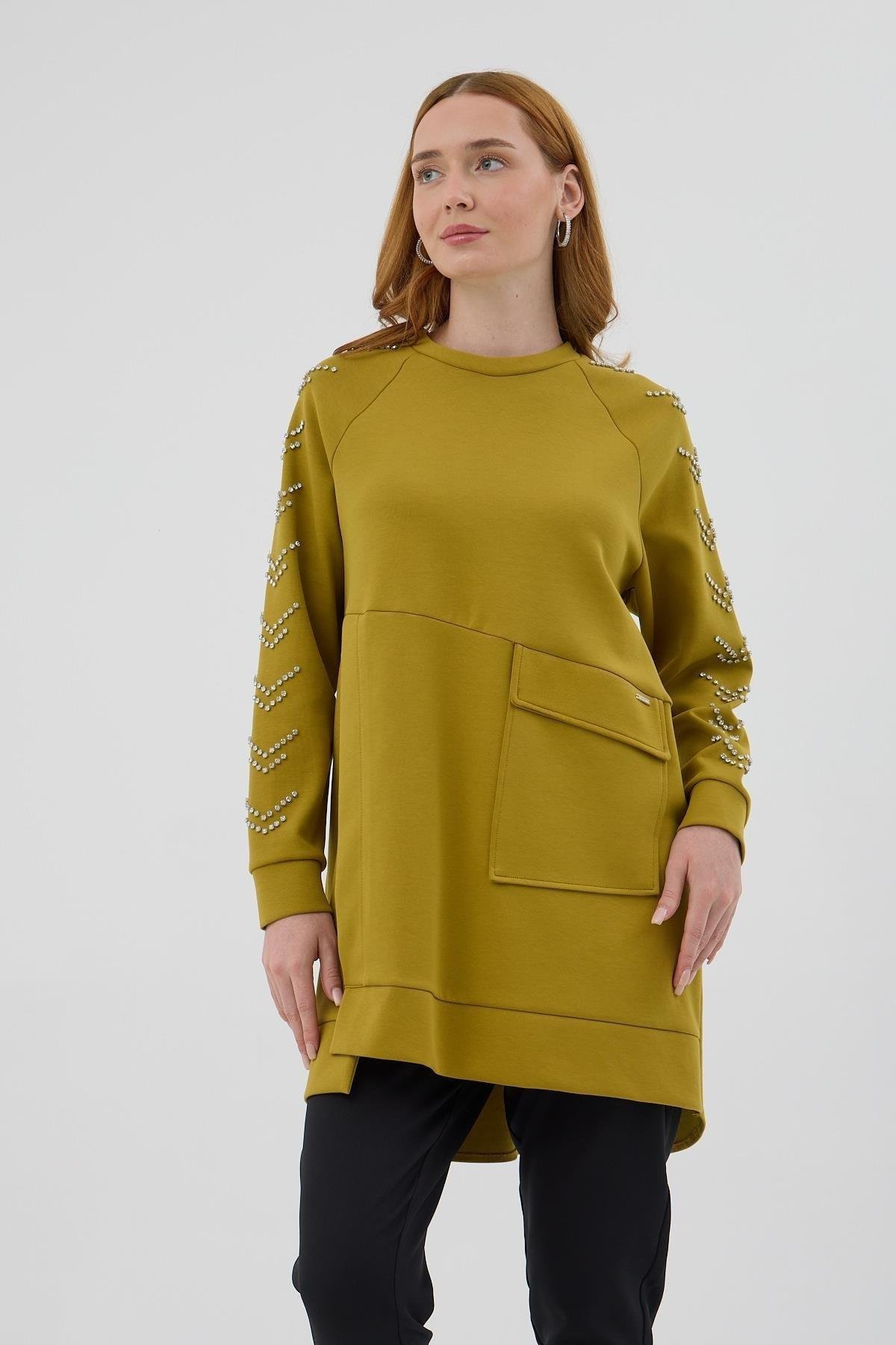 MOODBASİC Moodbasic Mb21.278 Kolları Çakma Taşlı Önü Cepli Tunik - Yağ Yeşili  Tunik 