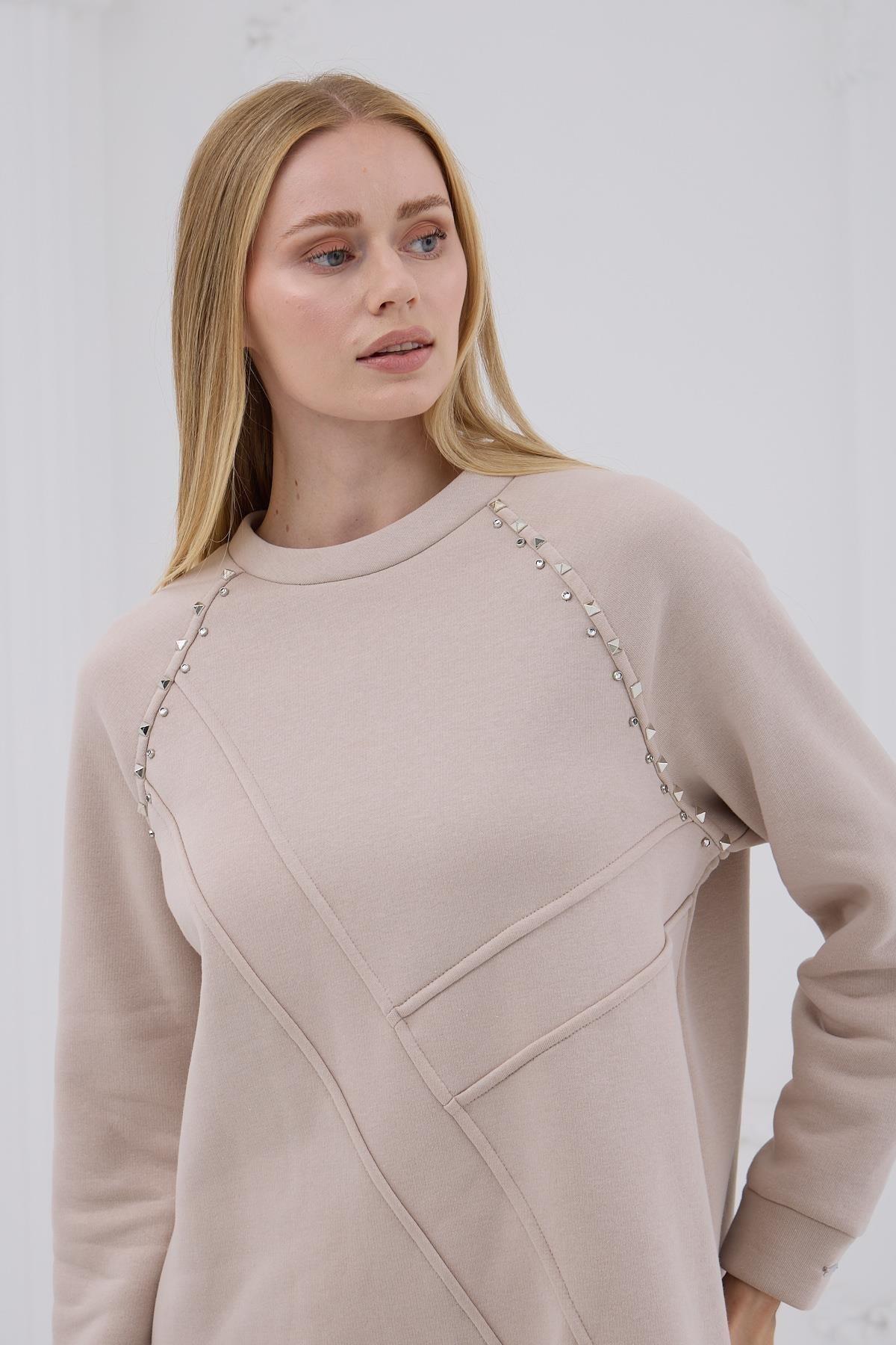 MOODBASİC Moodbasic Mb21.286 İçi Polarlı Zımbalı Tunik - Bej  Tunik 