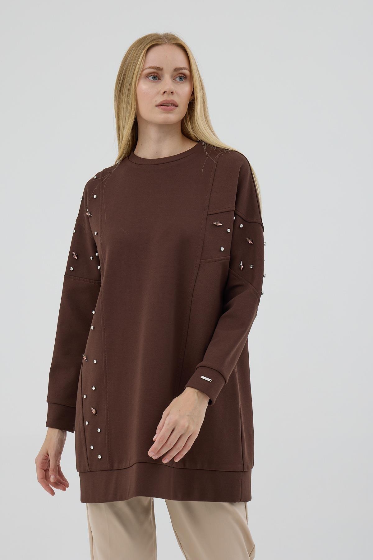 MOODBASİC Moodbasic Mb21.285 Asimetrik Kuplu Taşlı Tunik - Kahve  Tunik 