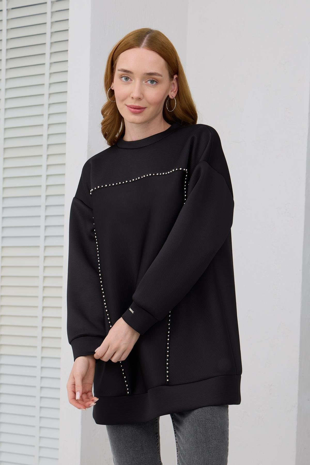 MOODBASİC Moodbasic Mb21.287 Gümüş İncili Scuba Tunik - Siyah  Tunik 