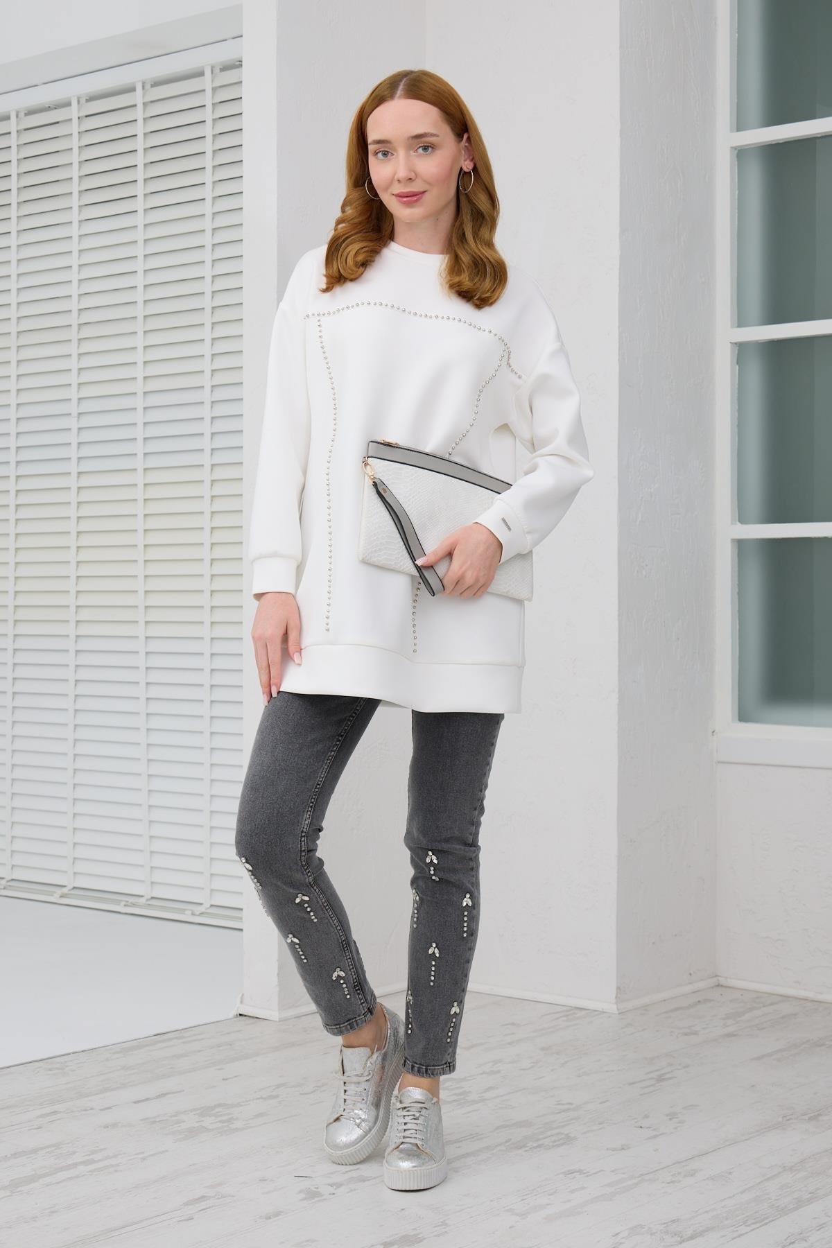 MOODBASİC Moodbasic Mb21.287 Gümüş İncili Scuba Tunik - Ekru  Tunik 
