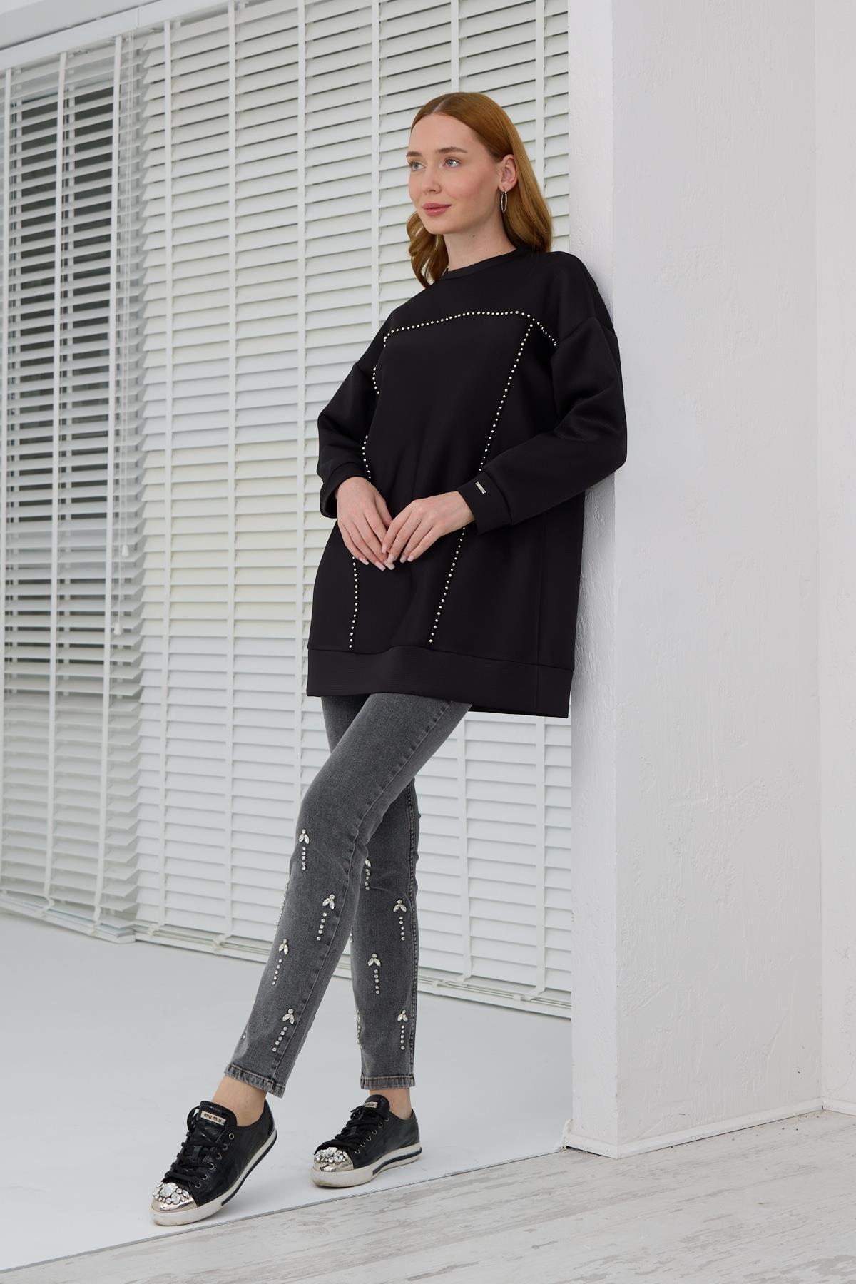 MOODBASİC Moodbasic Mb21.287 Gümüş İncili Scuba Tunik - Siyah  Tunik 