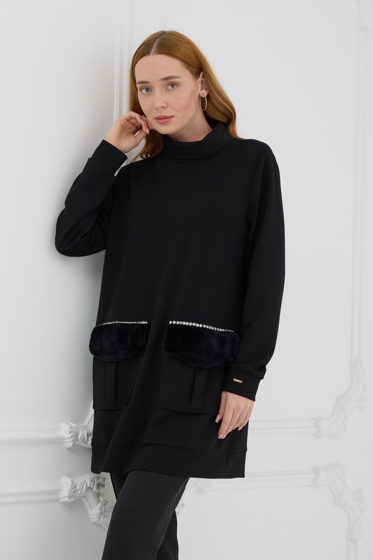 MOODBASİC Moodbasic Mb21.222 Kürk Cepli Sweatshırt - Siyah Moodbasic Mb21.222 Kürk Cepli Sweatshırt - Siyah - Bilen Giyim Tunik 