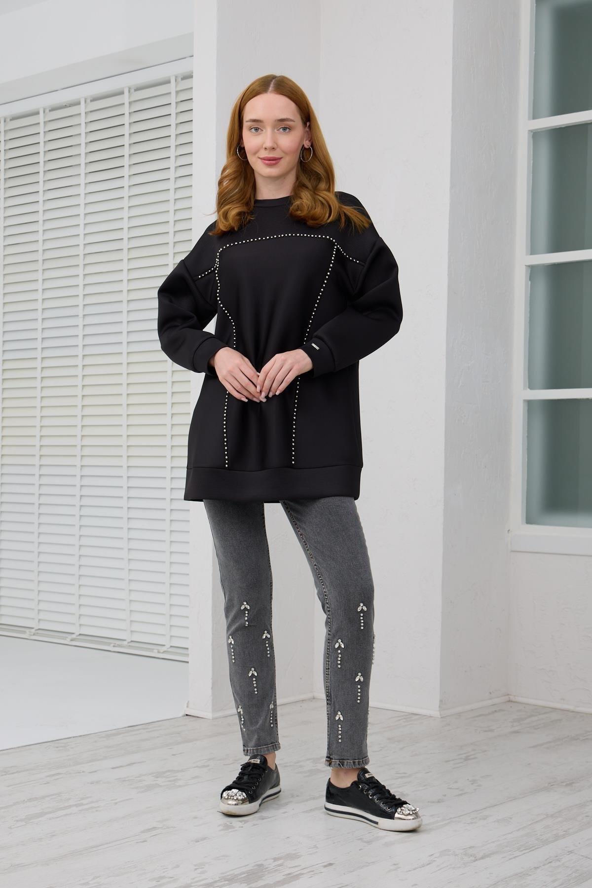 MOODBASİC Moodbasic Mb21.287 Gümüş İncili Scuba Tunik - Siyah  Tunik 