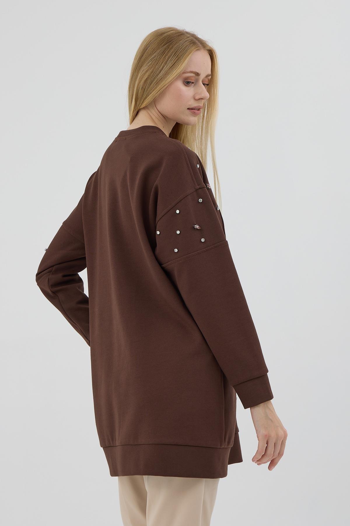 MOODBASİC Moodbasic Mb21.285 Asimetrik Kuplu Taşlı Tunik - Kahve  Tunik 