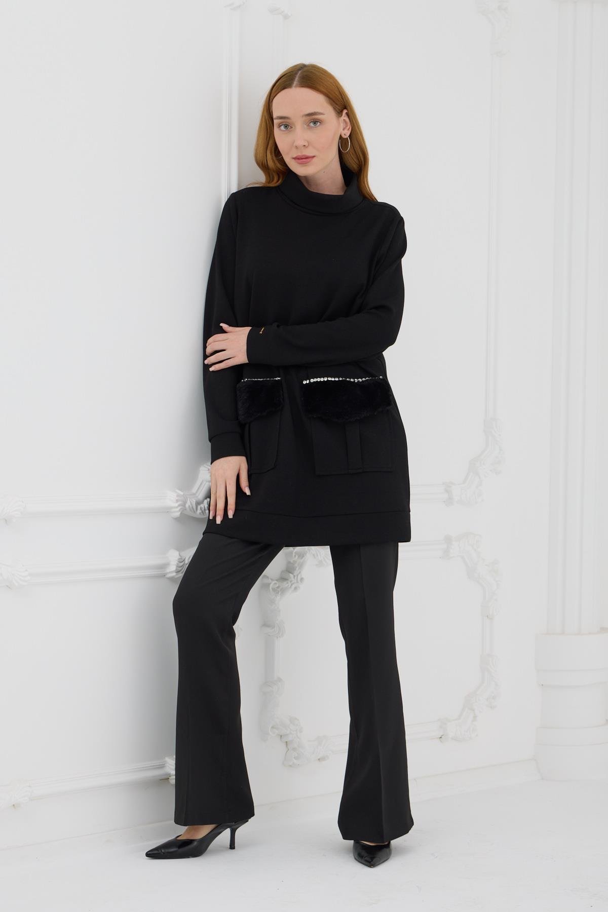 MOODBASİC Moodbasic Mb21.222 Kürk Cepli Sweatshırt - Siyah Moodbasic Mb21.222 Kürk Cepli Sweatshırt - Siyah - Bilen Giyim Tunik 